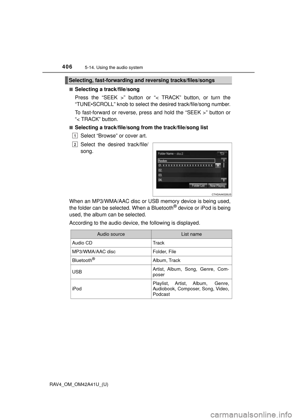 TOYOTA RAV4 2016 XA40 / 4.G Owners Manual 406
RAV4_OM_OM42A41U_(U)
5-14. Using the audio system
■Selecting a track/file/song
Press the “SEEK >” button or “< TRACK” button, or turn the
“TUNE•SCROLL” knob to select the desired t