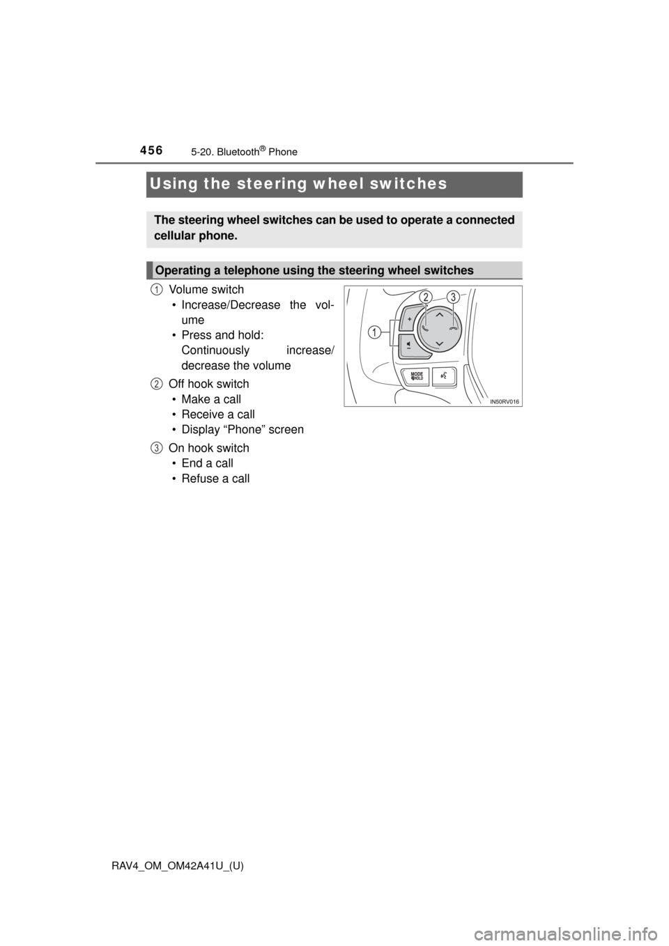 TOYOTA RAV4 2016 XA40 / 4.G Owners Manual 456
RAV4_OM_OM42A41U_(U)
5-20. Bluetooth® Phone
Using the steering wheel switches
Vo l u m e  s w i t c h
• Increase/Decrease the vol- ume
• Press and hold:  Continuously increase/
decrease the v