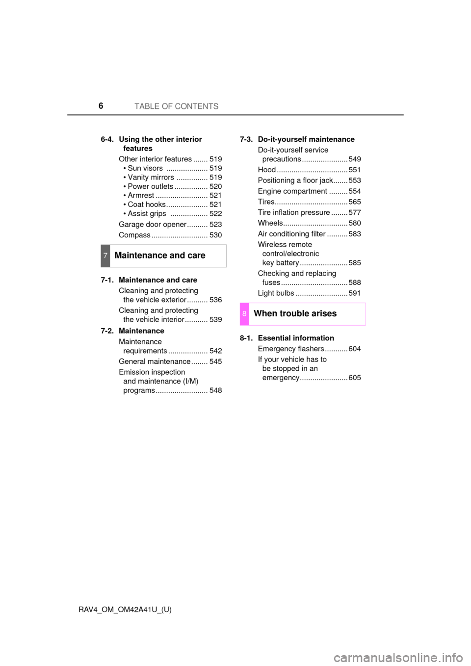 TOYOTA RAV4 2016 XA40 / 4.G Owners Manual TABLE OF CONTENTS6
RAV4_OM_OM42A41U_(U)6-4. Using the other interior 
features
Other interior features ....... 519 • Sun visors  .................... 519
• Vanity mirrors  ............... 519
• 