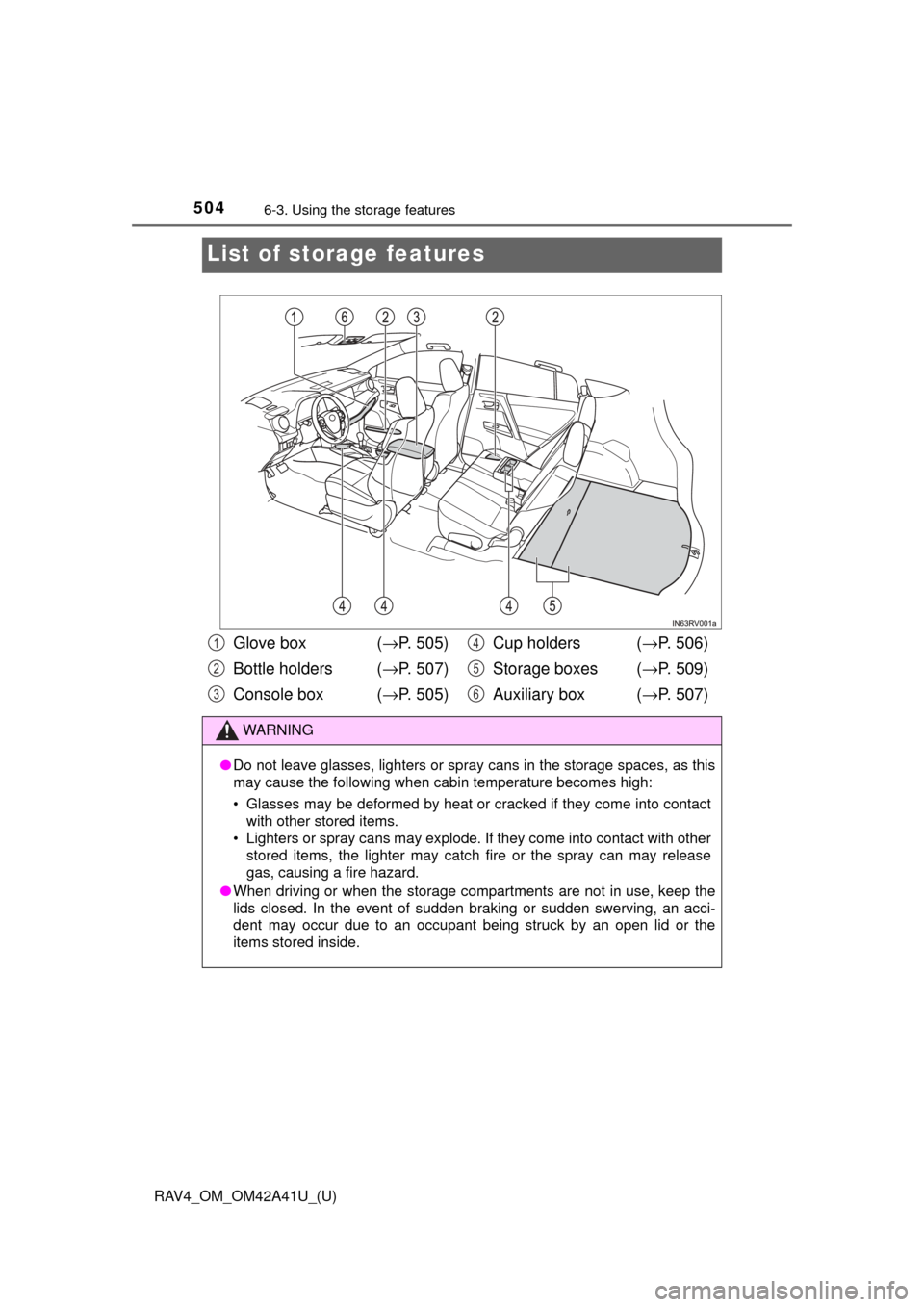 TOYOTA RAV4 2016 XA40 / 4.G Owners Manual 504
RAV4_OM_OM42A41U_(U)
6-3. Using the storage features
List of storage features
Glove box  ( →P. 505)
Bottle holders ( →P. 507)
Console box  (→ P. 505)Cup holders  (
→P. 506)
Storage boxes  