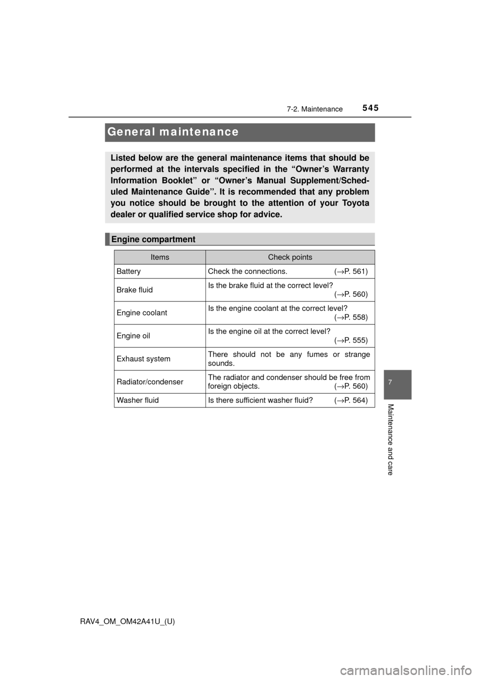 TOYOTA RAV4 2016 XA40 / 4.G Owners Manual 545
RAV4_OM_OM42A41U_(U)
7-2. Maintenance
7
Maintenance and care
General maintenance
Listed below are the general maintenance items that should be
performed at the intervals specified in the “Owner TOYOTA RAV4 2016 XA40 / 4.G Owners Manual 545
RAV4_OM_OM42A41U_(U)
7-2. Maintenance
7
Maintenance and care
General maintenance
Listed below are the general maintenance items that should be
performed at the intervals specified in the “Owner