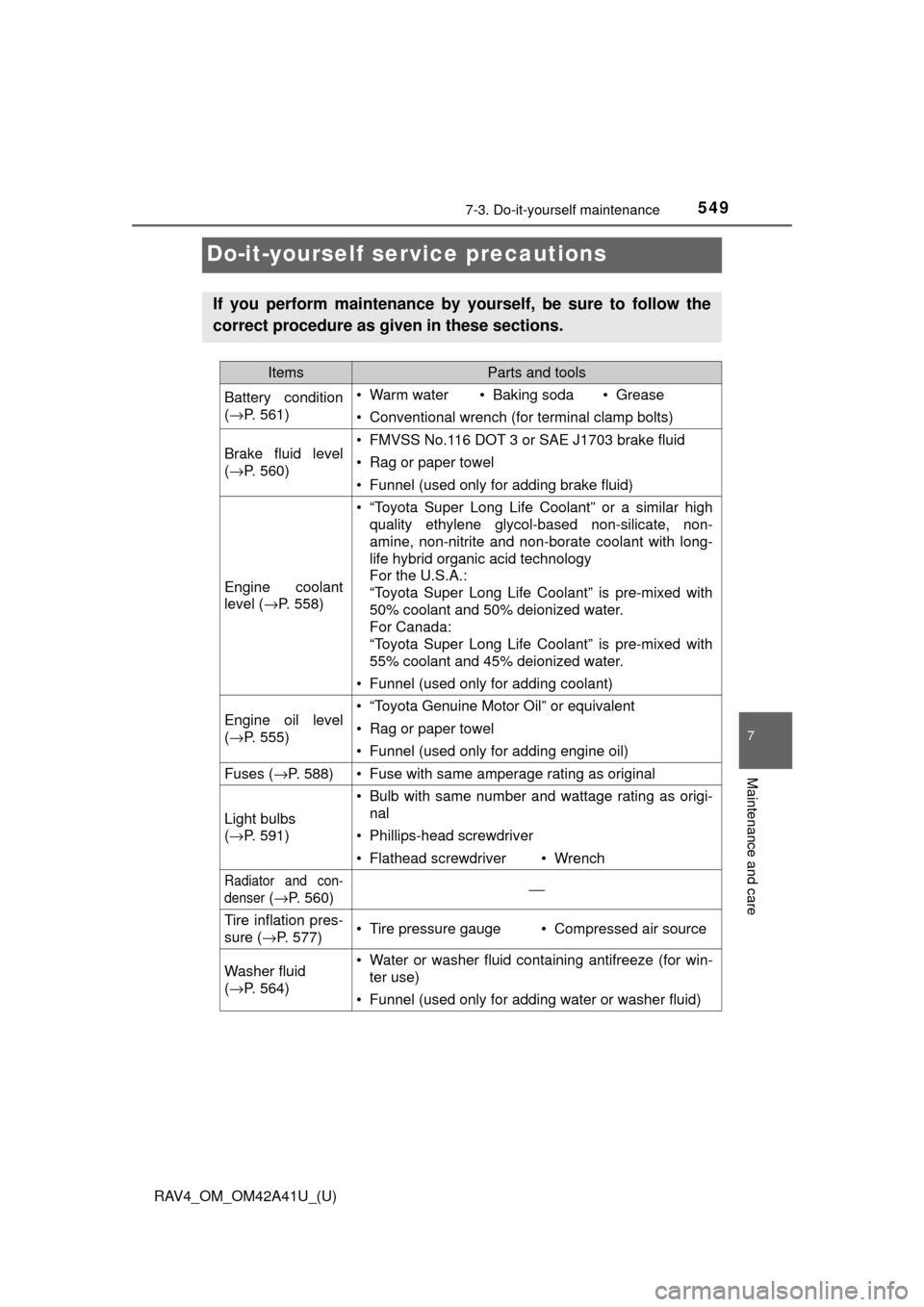 TOYOTA RAV4 2016 XA40 / 4.G Owners Manual 549
RAV4_OM_OM42A41U_(U)
7-3. Do-it-yourself maintenance
7
Maintenance and care
Do-it-yourself service precautions
If you perform maintenance by yourself, be sure to follow the
correct procedure as gi