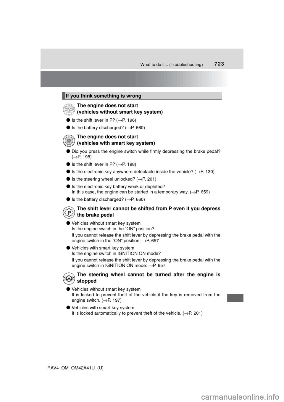 TOYOTA RAV4 2016 XA40 / 4.G Owners Manual 723What to do if... (Troubleshooting)
RAV4_OM_OM42A41U_(U)
●Is the shift lever in P? (→P. 196)
●Is the battery discharged? ( →P. 660)
●Did you press the engine switch while firmly depressing TOYOTA RAV4 2016 XA40 / 4.G Owners Manual 723What to do if... (Troubleshooting)
RAV4_OM_OM42A41U_(U)
●Is the shift lever in P? (→P. 196)
●Is the battery discharged? ( →P. 660)
●Did you press the engine switch while firmly depressing