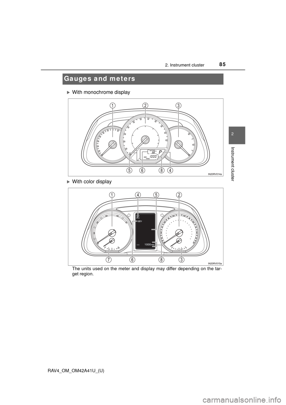 TOYOTA RAV4 2016 XA40 / 4.G Manual Online 85
RAV4_OM_OM42A41U_(U)
2. Instrument cluster
2
Instrument cluster
Gauges and meters
With monochrome display
With color display
The units used on the meter and display may differ depending on th TOYOTA RAV4 2016 XA40 / 4.G Manual Online 85
RAV4_OM_OM42A41U_(U)
2. Instrument cluster
2
Instrument cluster
Gauges and meters
With monochrome display
With color display
The units used on the meter and display may differ depending on th
