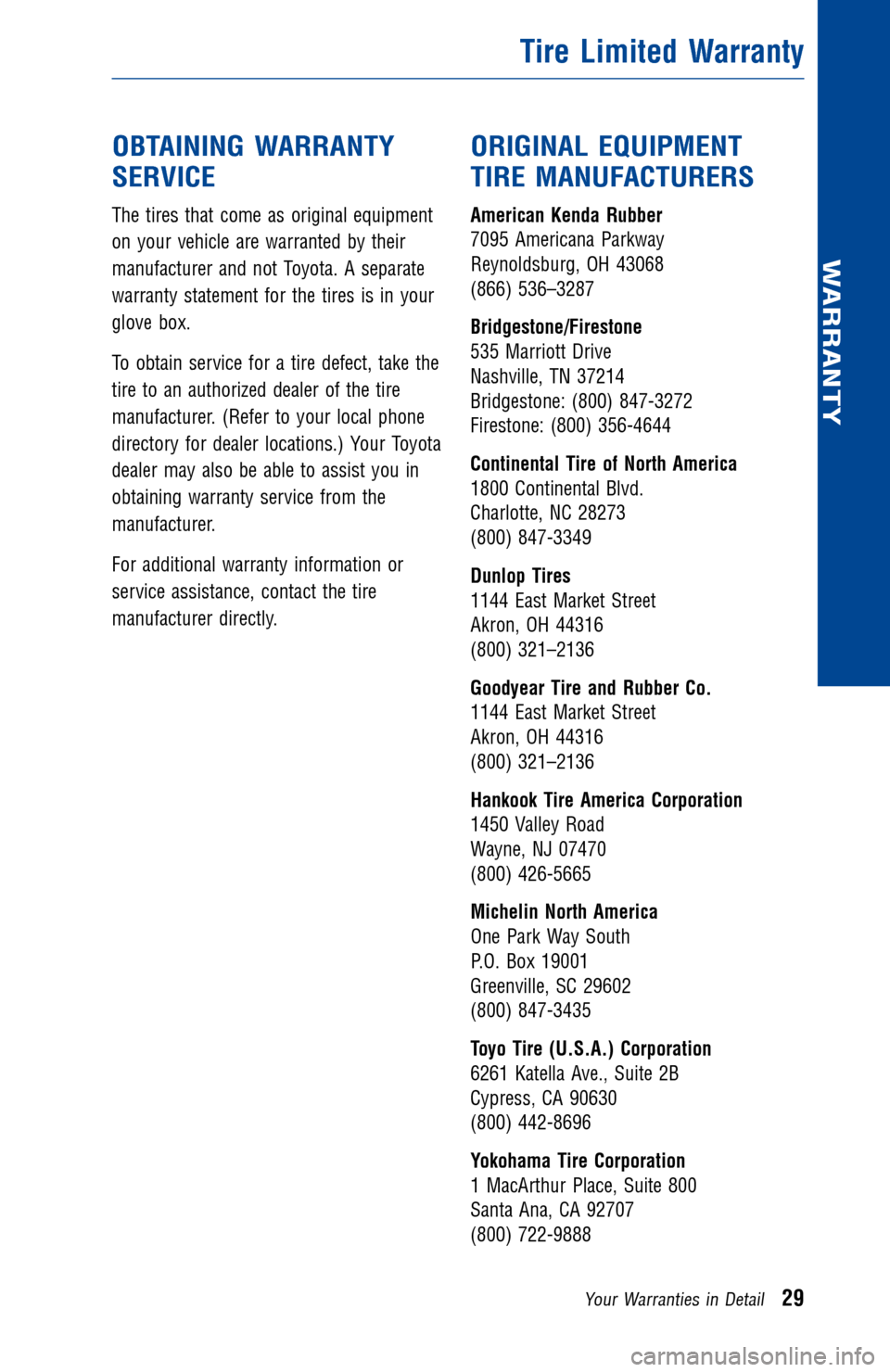 TOYOTA RAV4 2016 XA40 / 4.G Warranty And Maintenance Guide OBTAINING WARRANTY
SERVICE
The tires that come as original equipment
on your vehicle are warranted by their
manufacturer and not Toyota. A separate
warranty statement for the tires is in your
glove bo TOYOTA RAV4 2016 XA40 / 4.G Warranty And Maintenance Guide OBTAINING WARRANTY
SERVICE
The tires that come as original equipment
on your vehicle are warranted by their
manufacturer and not Toyota. A separate
warranty statement for the tires is in your
glove bo
