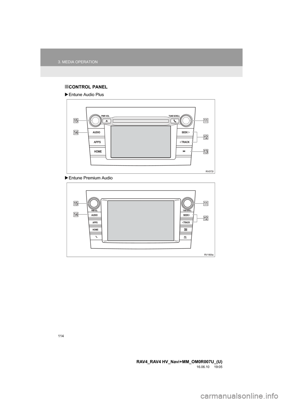 TOYOTA RAV4 2017 XA40 / 4.G Navigation Manual 114
3. MEDIA OPERATION
RAV4_RAV4 HV_Navi+MM_OM0R007U_(U)
16.06.10 19:05
■CONTROL PANEL
Entune Audio Plus
Entune Premium Audio TOYOTA RAV4 2017 XA40 / 4.G Navigation Manual 114
3. MEDIA OPERATION
RAV4_RAV4 HV_Navi+MM_OM0R007U_(U)
16.06.10 19:05
■CONTROL PANEL
Entune Audio Plus
Entune Premium Audio