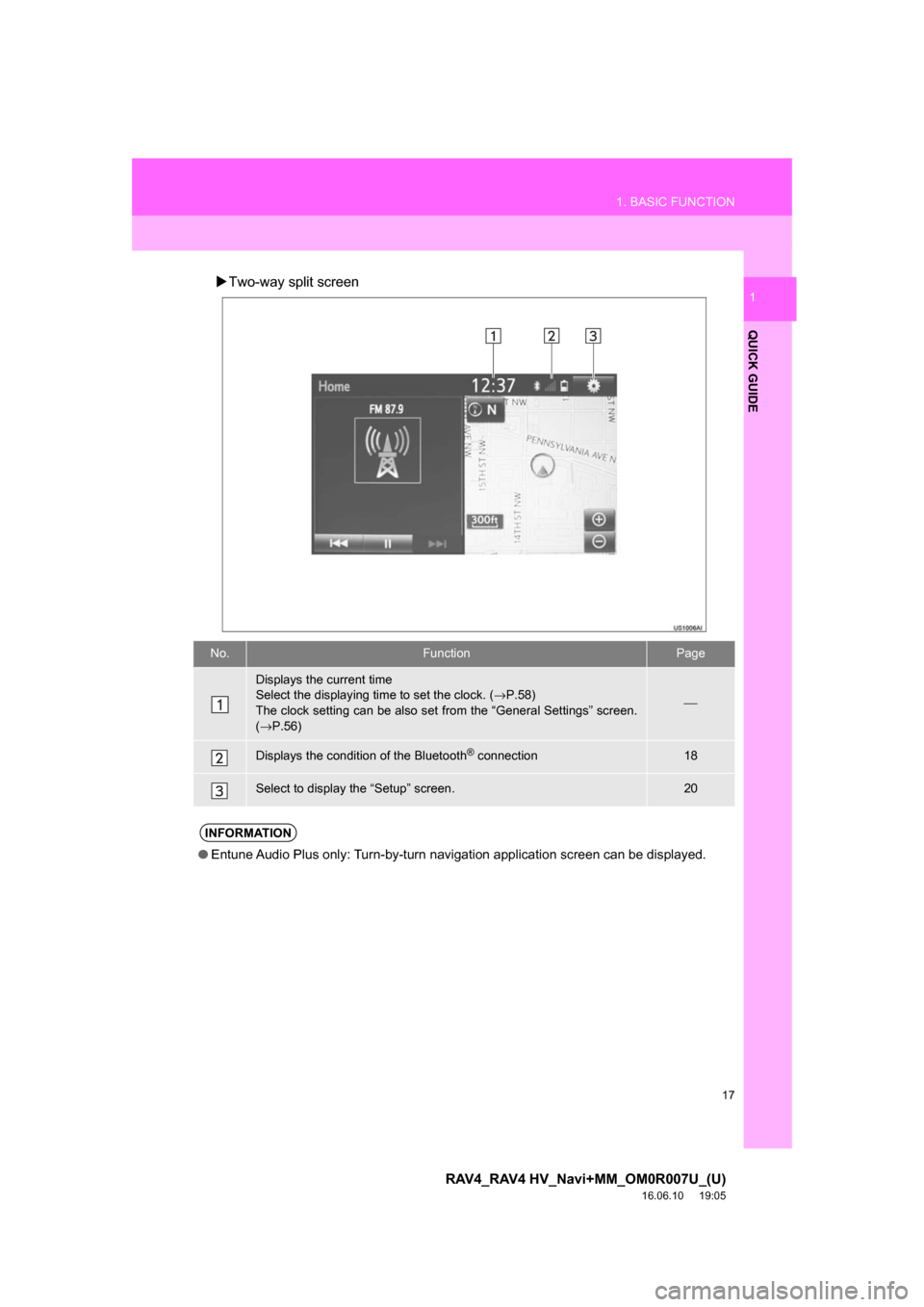 TOYOTA RAV4 2017 XA40 / 4.G Navigation Manual 17
1. BASIC FUNCTION
RAV4_RAV4 HV_Navi+MM_OM0R007U_(U)
16.06.10     19:05
QUICK GUIDE
1Two-way split screen
No.FunctionPage
Displays the current time
Select the displaying time to set the clock. ( 
