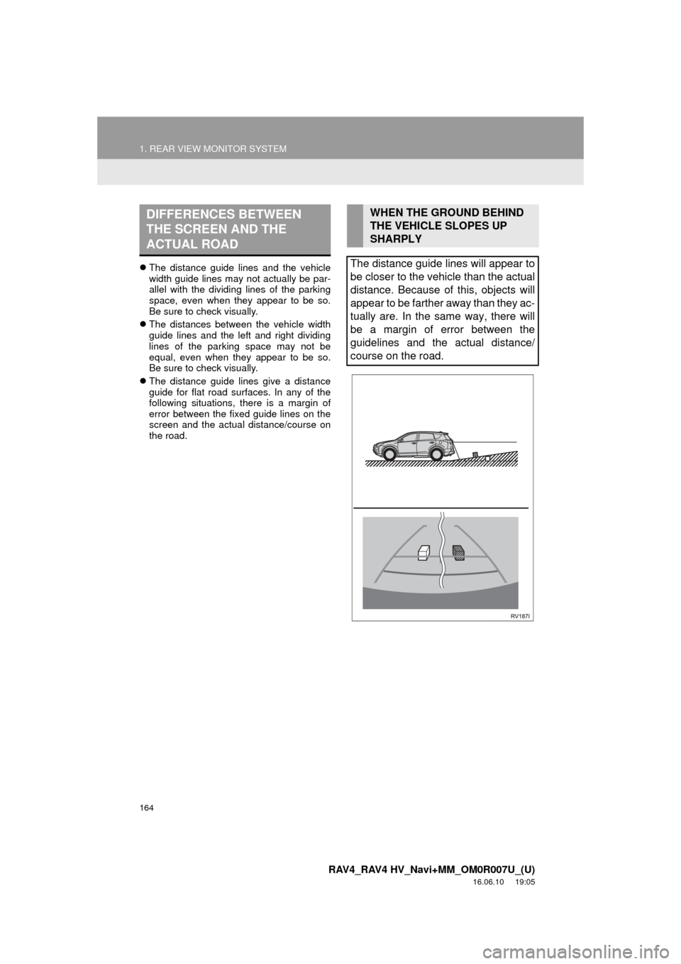 TOYOTA RAV4 2017 XA40 / 4.G Navigation Manual 164
1. REAR VIEW MONITOR SYSTEM
RAV4_RAV4 HV_Navi+MM_OM0R007U_(U)
16.06.10     19:05
The distance guide lines and the vehicle
width guide lines may not actually be par-
allel with the dividing line