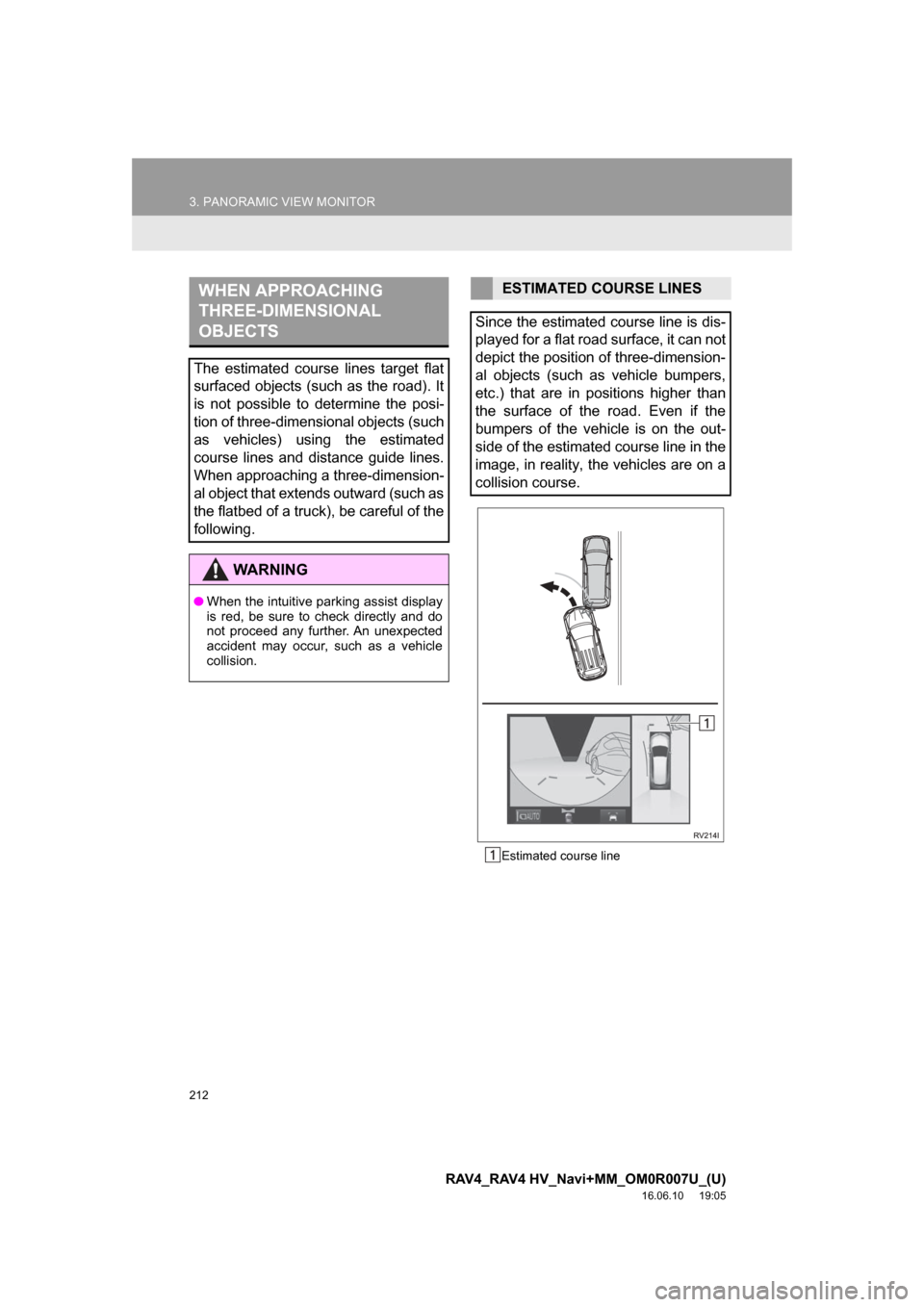 TOYOTA RAV4 2017 XA40 / 4.G Navigation Manual 212
3. PANORAMIC VIEW MONITOR
RAV4_RAV4 HV_Navi+MM_OM0R007U_(U)
16.06.10 19:05
Estimated course line
WHEN APPROACHING
THREE-DIMENSIONAL
OBJECTS
The estimated course lines target flat
surfaced obj TOYOTA RAV4 2017 XA40 / 4.G Navigation Manual 212
3. PANORAMIC VIEW MONITOR
RAV4_RAV4 HV_Navi+MM_OM0R007U_(U)
16.06.10 19:05
Estimated course line
WHEN APPROACHING
THREE-DIMENSIONAL
OBJECTS
The estimated course lines target flat
surfaced obj