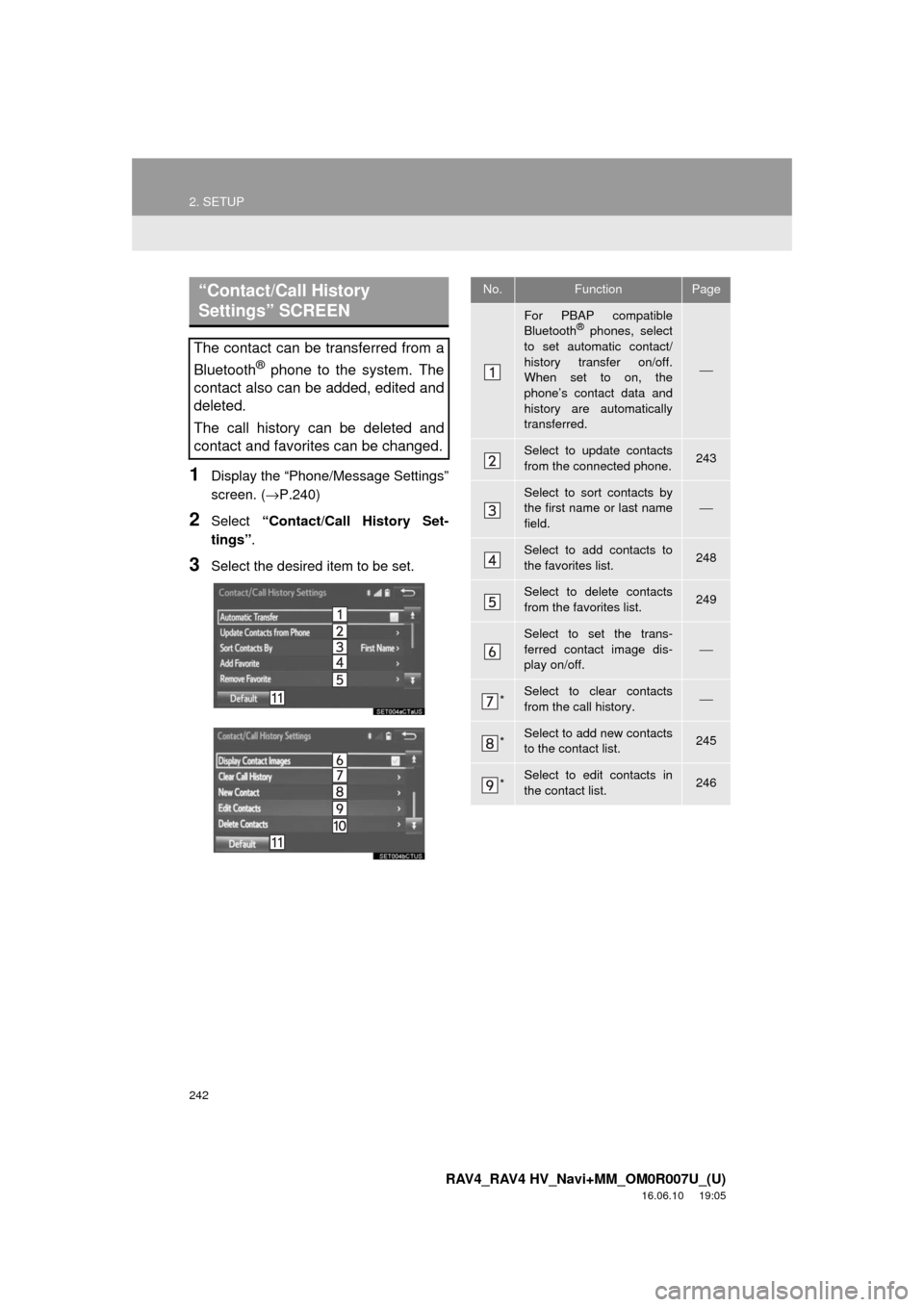 TOYOTA RAV4 2017 XA40 / 4.G Navigation Manual 242
2. SETUP
RAV4_RAV4 HV_Navi+MM_OM0R007U_(U)
16.06.10 19:05
1Display the “Phone/Message Settings”
screen. (→P.240)
2Select “Contact/Call History Set-
tings” .
3Select the desired item TOYOTA RAV4 2017 XA40 / 4.G Navigation Manual 242
2. SETUP
RAV4_RAV4 HV_Navi+MM_OM0R007U_(U)
16.06.10 19:05
1Display the “Phone/Message Settings”
screen. (→P.240)
2Select “Contact/Call History Set-
tings” .
3Select the desired item