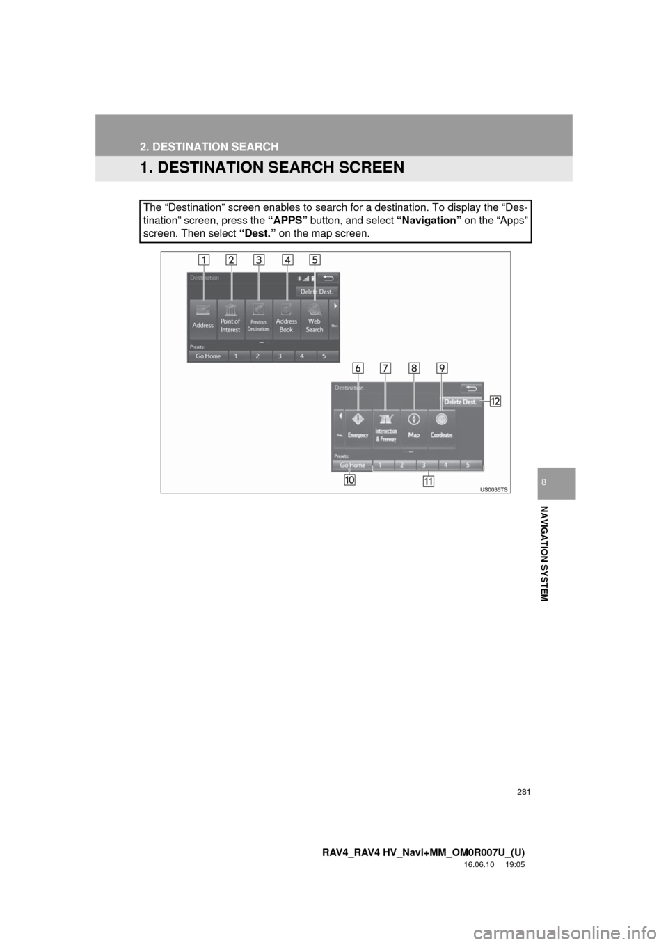 TOYOTA RAV4 2017 XA40 / 4.G Navigation Manual 281
RAV4_RAV4 HV_Navi+MM_OM0R007U_(U)
16.06.10 19:05
NAVIGATION SYSTEM
8
2. DESTINATION SEARCH
1. DESTINATION SEARCH SCREEN
The “Destination” screen enables to search for a destination. To dis TOYOTA RAV4 2017 XA40 / 4.G Navigation Manual 281
RAV4_RAV4 HV_Navi+MM_OM0R007U_(U)
16.06.10 19:05
NAVIGATION SYSTEM
8
2. DESTINATION SEARCH
1. DESTINATION SEARCH SCREEN
The “Destination” screen enables to search for a destination. To dis