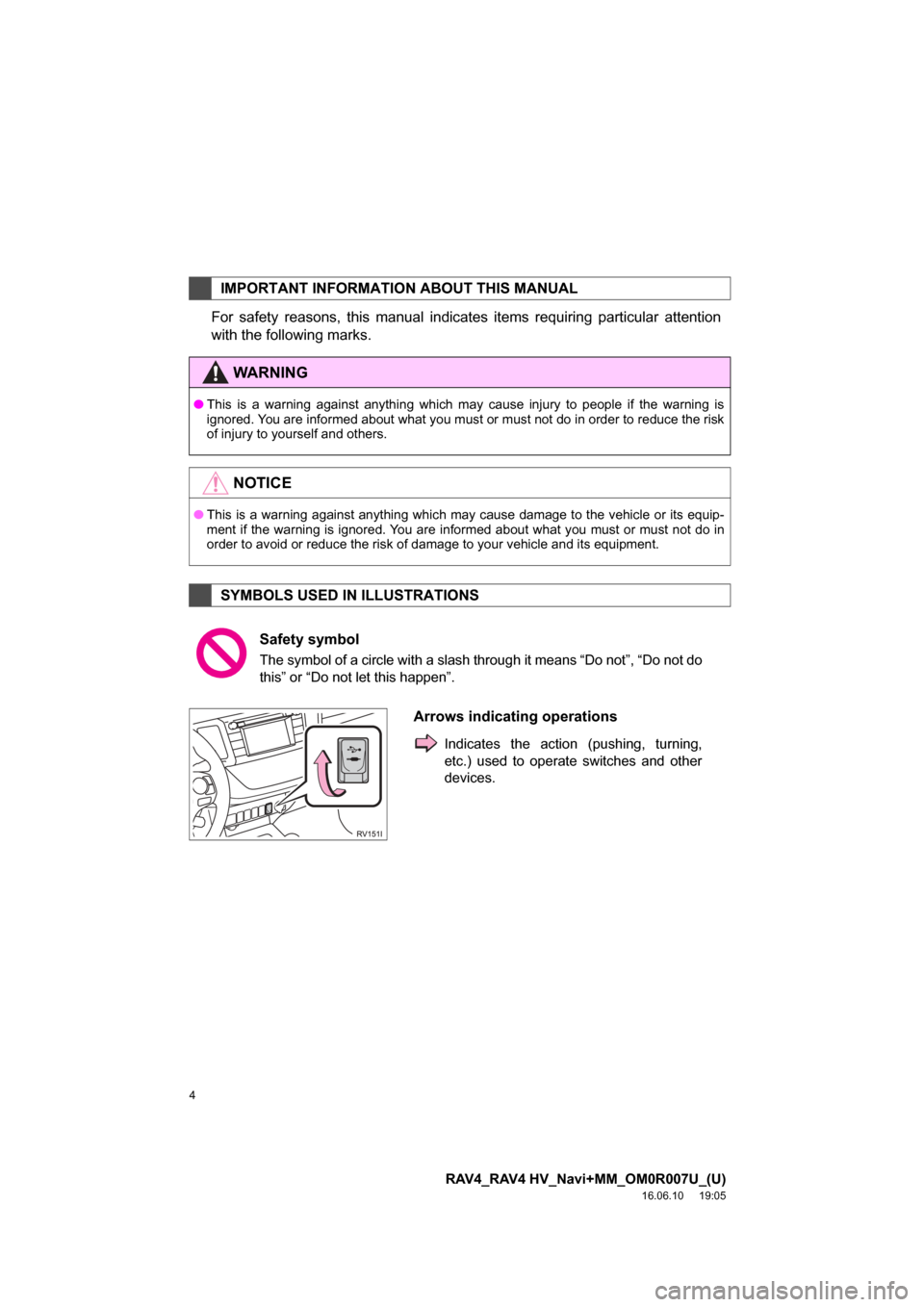 TOYOTA RAV4 2017 XA40 / 4.G Navigation Manual 4
RAV4_RAV4 HV_Navi+MM_OM0R007U_(U)
16.06.10     19:05
For safety reasons, this manual indicates items requiring particular attention
with the following marks.
IMPORTANT INFORMATION ABOUT THIS MANUAL
