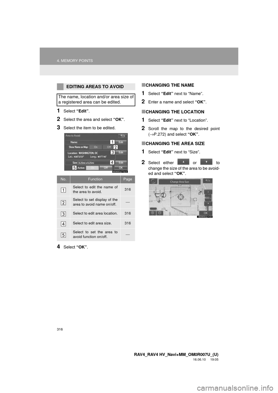 TOYOTA RAV4 2017 XA40 / 4.G Navigation Manual 316
4. MEMORY POINTS
RAV4_RAV4 HV_Navi+MM_OM0R007U_(U)
16.06.10 19:05
1Select “Edit”.
2Select the area and select “OK”.
3Select the item to be edited.
4Select “OK”.
■CHANGING THE N TOYOTA RAV4 2017 XA40 / 4.G Navigation Manual 316
4. MEMORY POINTS
RAV4_RAV4 HV_Navi+MM_OM0R007U_(U)
16.06.10 19:05
1Select “Edit”.
2Select the area and select “OK”.
3Select the item to be edited.
4Select “OK”.
■CHANGING THE N