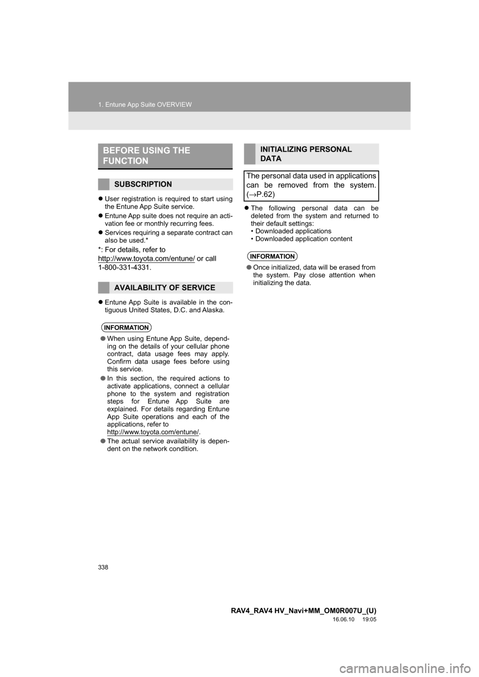 TOYOTA RAV4 2017 XA40 / 4.G Navigation Manual 338
1. Entune App Suite OVERVIEW
RAV4_RAV4 HV_Navi+MM_OM0R007U_(U)
16.06.10 19:05
User registration is required to start using
the Entune App Suite service.
Entune App suite does not requir TOYOTA RAV4 2017 XA40 / 4.G Navigation Manual 338
1. Entune App Suite OVERVIEW
RAV4_RAV4 HV_Navi+MM_OM0R007U_(U)
16.06.10 19:05
User registration is required to start using
the Entune App Suite service.
Entune App suite does not requir