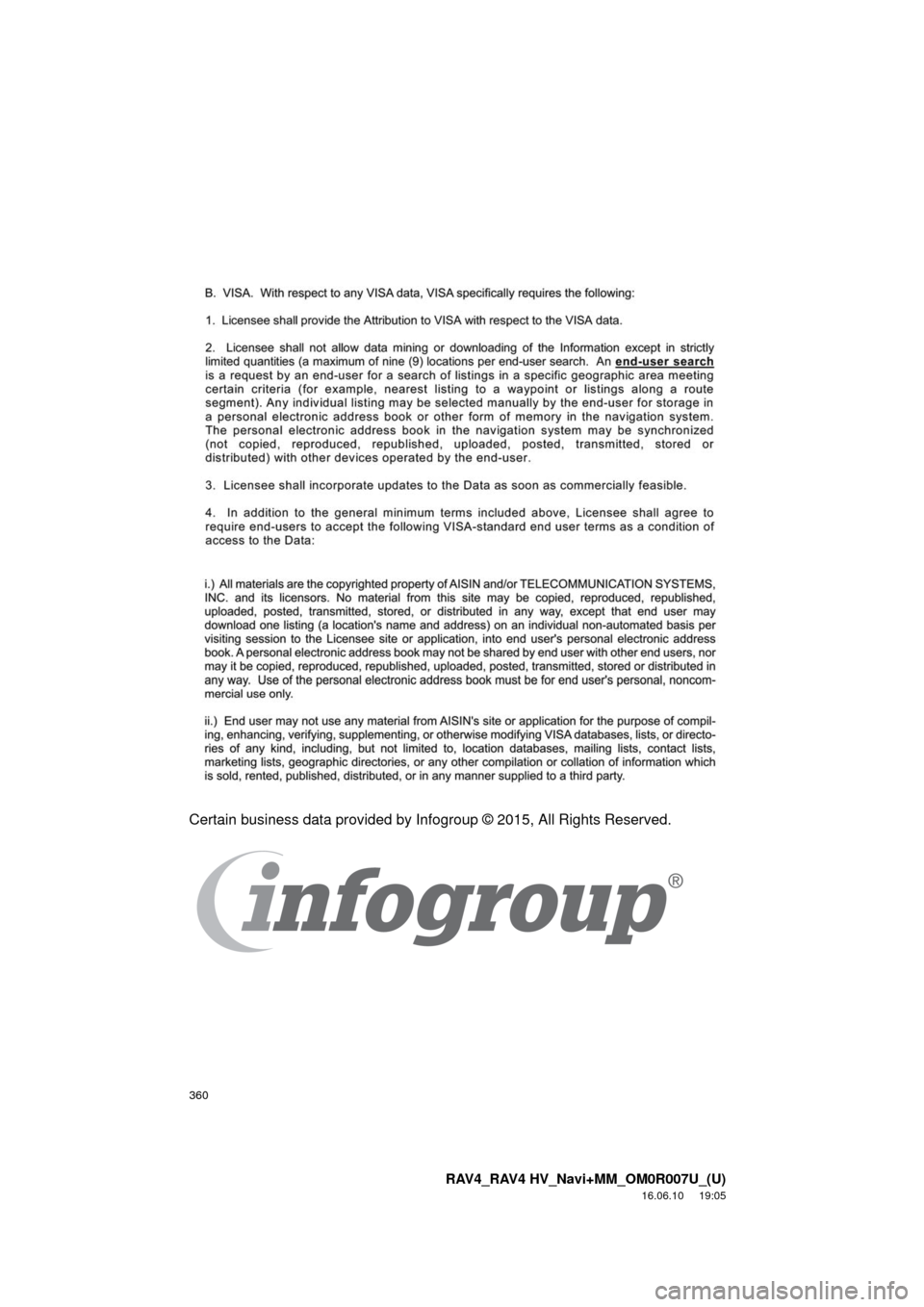 TOYOTA RAV4 2017 XA40 / 4.G Navigation Manual 360
RAV4_RAV4 HV_Navi+MM_OM0R007U_(U)
16.06.10 19:05
Certain business data provided by Infogroup © 2015, All Rights Reserved. TOYOTA RAV4 2017 XA40 / 4.G Navigation Manual 360
RAV4_RAV4 HV_Navi+MM_OM0R007U_(U)
16.06.10 19:05
Certain business data provided by Infogroup © 2015, All Rights Reserved.