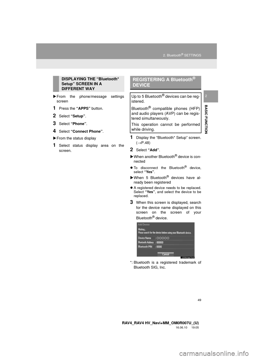 TOYOTA RAV4 2017 XA40 / 4.G Navigation Manual 49
2. Bluetooth® SETTINGS
RAV4_RAV4 HV_Navi+MM_OM0R007U_(U)
16.06.10 19:05
BASIC FUNCTION
2From the phone/message settings
screen
1Press the “APPS” button.
2Select “Setup” .
3Select TOYOTA RAV4 2017 XA40 / 4.G Navigation Manual 49
2. Bluetooth® SETTINGS
RAV4_RAV4 HV_Navi+MM_OM0R007U_(U)
16.06.10 19:05
BASIC FUNCTION
2From the phone/message settings
screen
1Press the “APPS” button.
2Select “Setup” .
3Select