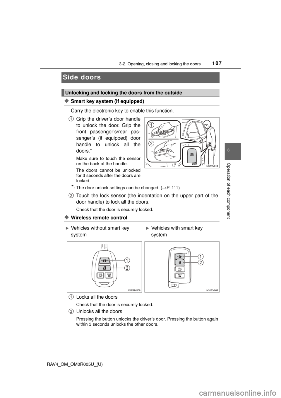 TOYOTA RAV4 2017 XA40 / 4.G Owners Manual 107
RAV4_OM_OM0R005U_(U)
3-2. Opening, closing and locking the doors
3
Operation of each component
Side doors
◆Smart key system (if equipped)
Carry the electronic key to enable this function.Grip th TOYOTA RAV4 2017 XA40 / 4.G Owners Manual 107
RAV4_OM_OM0R005U_(U)
3-2. Opening, closing and locking the doors
3
Operation of each component
Side doors
◆Smart key system (if equipped)
Carry the electronic key to enable this function.Grip th