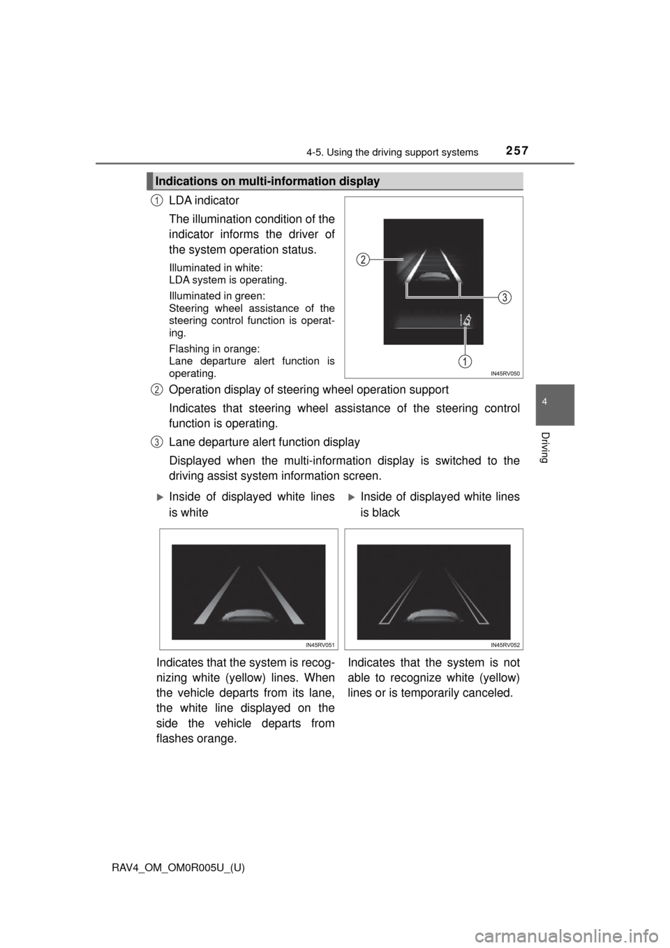 TOYOTA RAV4 2017 XA40 / 4.G Owners Manual RAV4_OM_OM0R005U_(U)
2574-5. Using the driving support systems
4
Driving
LDA indicator
The illumination condition of the
indicator informs the driver of
the system operation status.
Illuminated in whi TOYOTA RAV4 2017 XA40 / 4.G Owners Manual RAV4_OM_OM0R005U_(U)
2574-5. Using the driving support systems
4
Driving
LDA indicator
The illumination condition of the
indicator informs the driver of
the system operation status.
Illuminated in whi