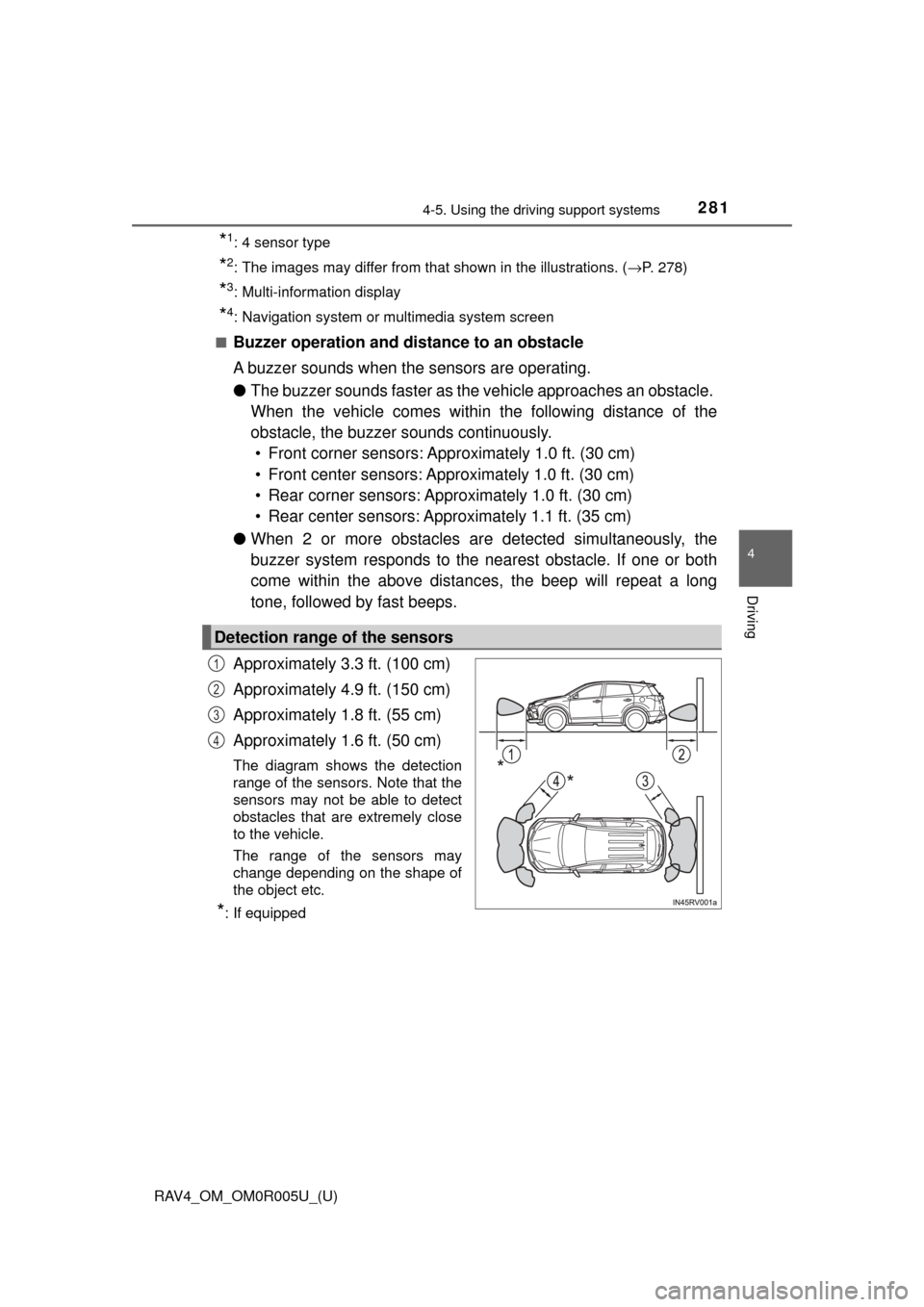 TOYOTA RAV4 2017 XA40 / 4.G Service Manual RAV4_OM_OM0R005U_(U)
2814-5. Using the driving support systems
4
Driving
*1: 4 sensor type
*2: The images may differ from that shown in the illustrations. ( →P. 278)
*3: Multi-information display
*4 TOYOTA RAV4 2017 XA40 / 4.G Service Manual RAV4_OM_OM0R005U_(U)
2814-5. Using the driving support systems
4
Driving
*1: 4 sensor type
*2: The images may differ from that shown in the illustrations. ( →P. 278)
*3: Multi-information display
*4