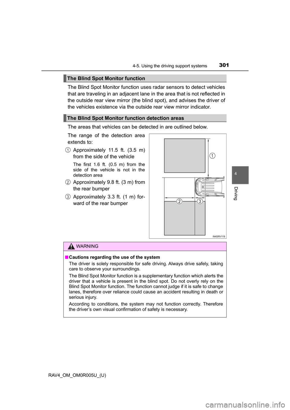 TOYOTA RAV4 2017 XA40 / 4.G Workshop Manual RAV4_OM_OM0R005U_(U)
3014-5. Using the driving support systems
4
Driving
The Blind Spot Monitor function uses radar sensors to detect vehicles
that are traveling in an adjacent lane in the area that i TOYOTA RAV4 2017 XA40 / 4.G Workshop Manual RAV4_OM_OM0R005U_(U)
3014-5. Using the driving support systems
4
Driving
The Blind Spot Monitor function uses radar sensors to detect vehicles
that are traveling in an adjacent lane in the area that i