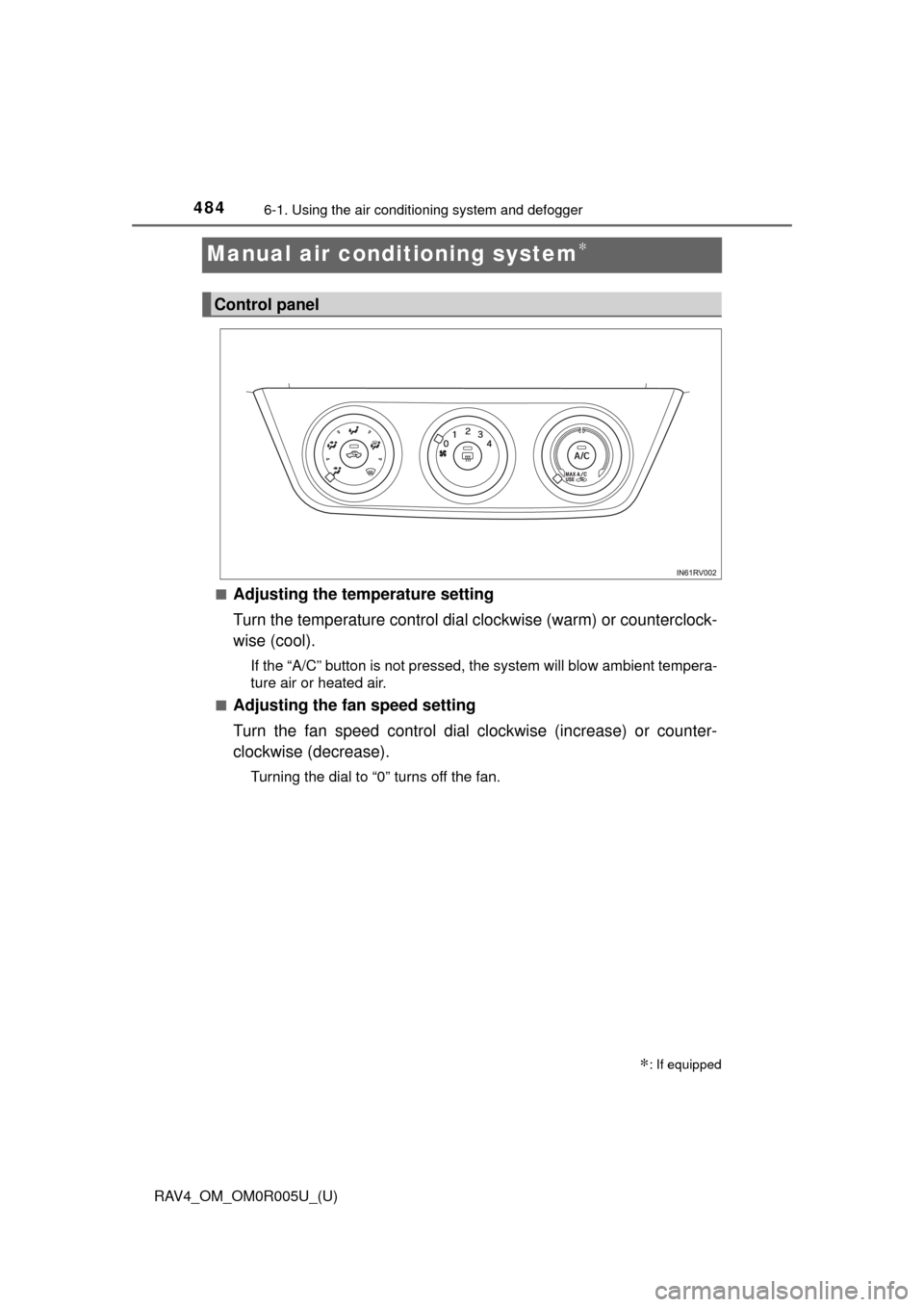 TOYOTA RAV4 2017 XA40 / 4.G Owners Manual 484
RAV4_OM_OM0R005U_(U)
6-1. Using the air conditioning system and defogger
Manual air conditioning system∗
■Adjusting the temperature setting
Turn the temperature control dial  clockwise (warm) 