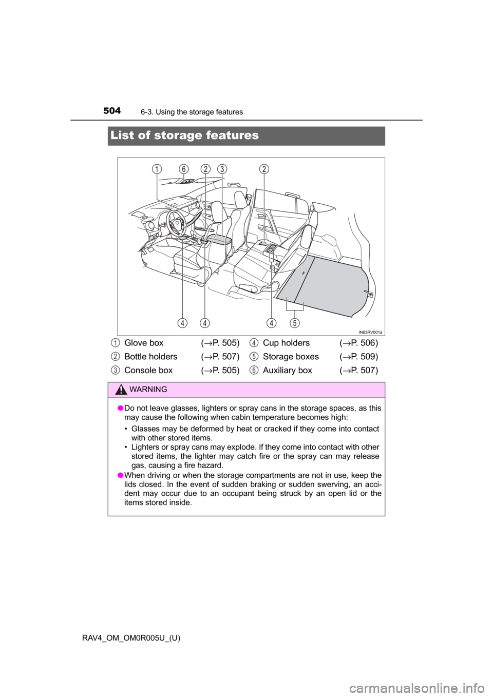 TOYOTA RAV4 2017 XA40 / 4.G Owners Manual 504
RAV4_OM_OM0R005U_(U)
6-3. Using the storage features
List of storage features
Glove box  (→P. 505)
Bottle holders (→ P. 507)
Console box  (→ P. 505)Cup holders  (
→P. 506)
Storage boxes  (