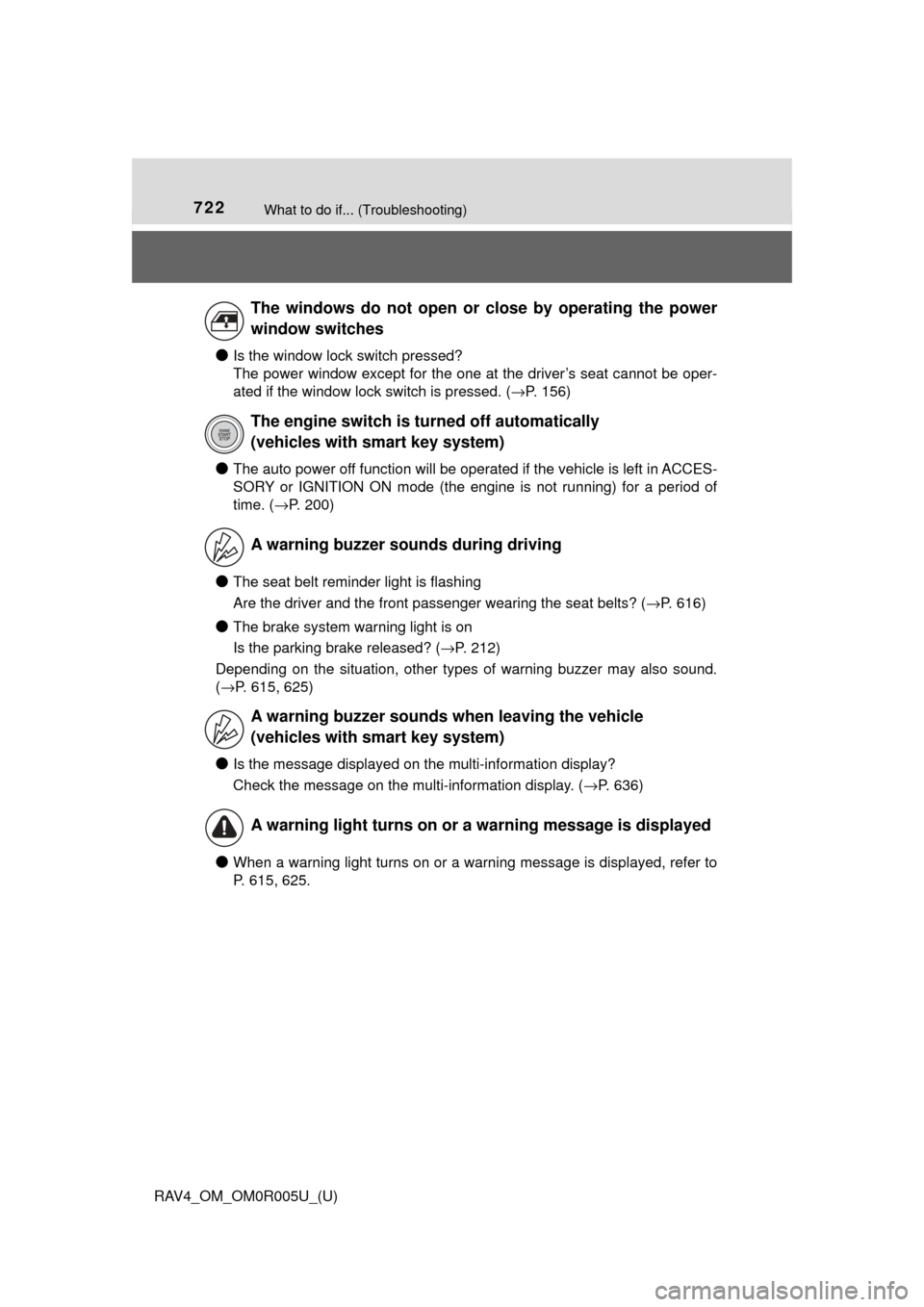 TOYOTA RAV4 2017 XA40 / 4.G Owners Manual 722What to do if... (Troubleshooting)
RAV4_OM_OM0R005U_(U)
●Is the window lock switch pressed? 
The power window except for the one at the driver’s seat cannot be oper-
ated if the window lock swi