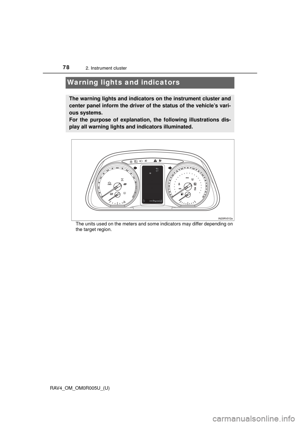 TOYOTA RAV4 2017 XA40 / 4.G Manual PDF 78
RAV4_OM_OM0R005U_(U)
2. Instrument cluster
Warning lights and indicators
The units used on the meters and some indicators may differ depending on
the target region.
The warning lights and indicator TOYOTA RAV4 2017 XA40 / 4.G Manual PDF 78
RAV4_OM_OM0R005U_(U)
2. Instrument cluster
Warning lights and indicators
The units used on the meters and some indicators may differ depending on
the target region.
The warning lights and indicator