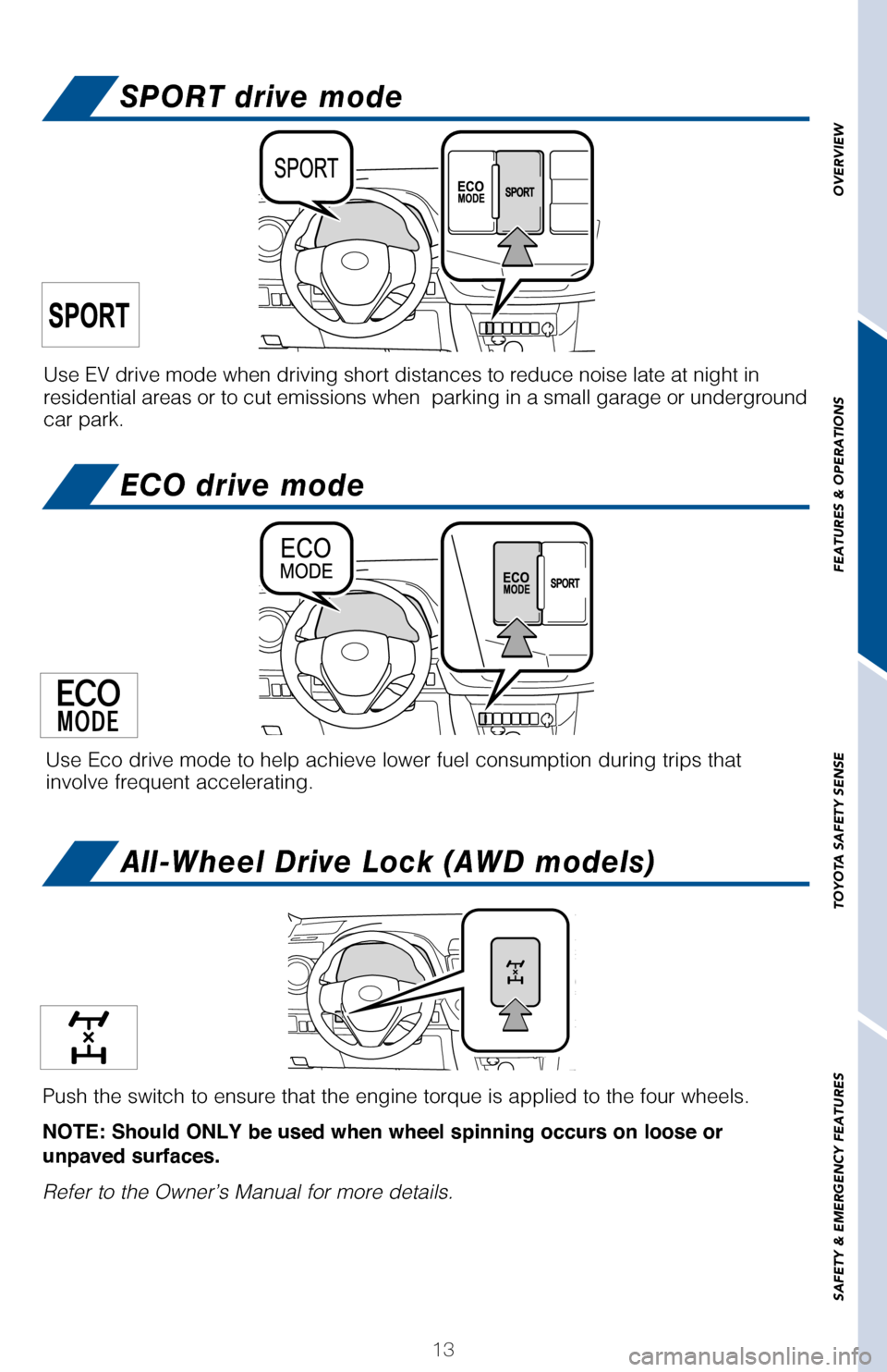 TOYOTA RAV4 2017 XA40 / 4.G Quick Reference Guide 13
OVERVIEW
FEATURES & OPERATIONS
TOYOTA SAFETY SENSE
SAFETY & EMERGENCY FEATURES
Use EV drive mode when driving short distances to reduce noise late at night in residential areas or to cut emissions TOYOTA RAV4 2017 XA40 / 4.G Quick Reference Guide 13
OVERVIEW
FEATURES & OPERATIONS
TOYOTA SAFETY SENSE
SAFETY & EMERGENCY FEATURES
Use EV drive mode when driving short distances to reduce noise late at night in residential areas or to cut emissions