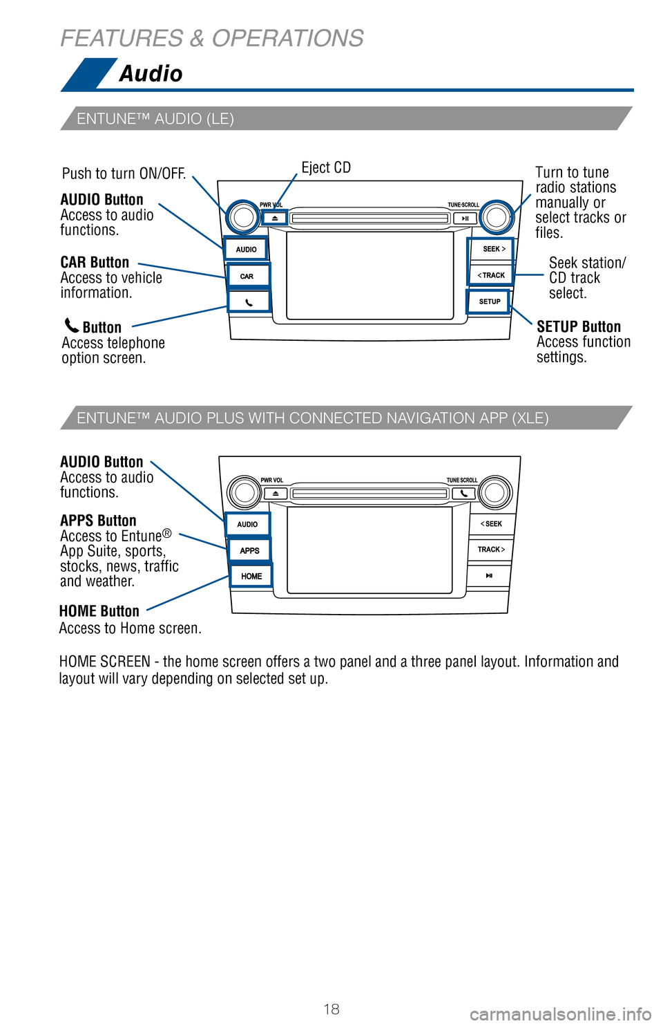TOYOTA RAV4 2017 XA40 / 4.G Quick Reference Guide 18
FEATURES & OPERATIONS
ENTUNE™ AUDIO PLUS WITH CONNECTED NAVIGATION APP (XLE)
ENTUNE™ AUDIO (LE)
Seek station/ CD track select.
SETUP ButtonAccess function settings.
Eject CDPush to turn ON/OFF. TOYOTA RAV4 2017 XA40 / 4.G Quick Reference Guide 18
FEATURES & OPERATIONS
ENTUNE™ AUDIO PLUS WITH CONNECTED NAVIGATION APP (XLE)
ENTUNE™ AUDIO (LE)
Seek station/ CD track select.
SETUP ButtonAccess function settings.
Eject CDPush to turn ON/OFF.