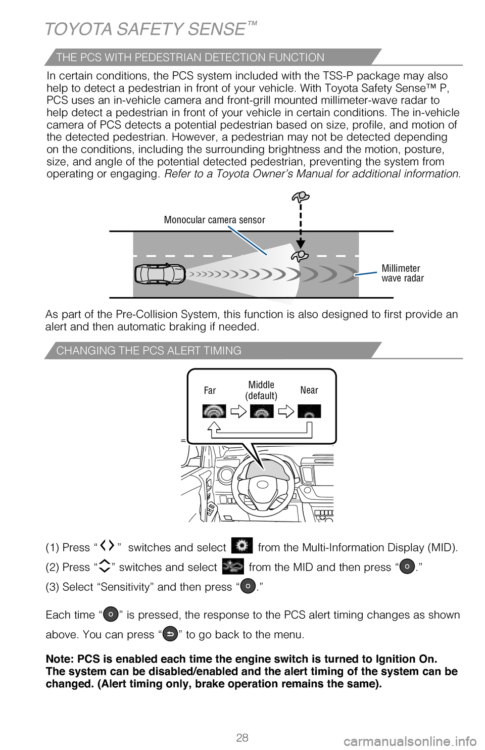 TOYOTA RAV4 2017 XA40 / 4.G Quick Reference Guide 28
CHANGING THE PCS ALERT TIMING
TOYOTA SAFETY SENSE™
FarMiddle(default)Near
p 244
p 243
(1) Press “” switches and select from the Multi-Information Display (MID).
(2) Press “” switches TOYOTA RAV4 2017 XA40 / 4.G Quick Reference Guide 28
CHANGING THE PCS ALERT TIMING
TOYOTA SAFETY SENSE™
FarMiddle(default)Near
p 244
p 243
(1) Press “” switches and select from the Multi-Information Display (MID).
(2) Press “” switches