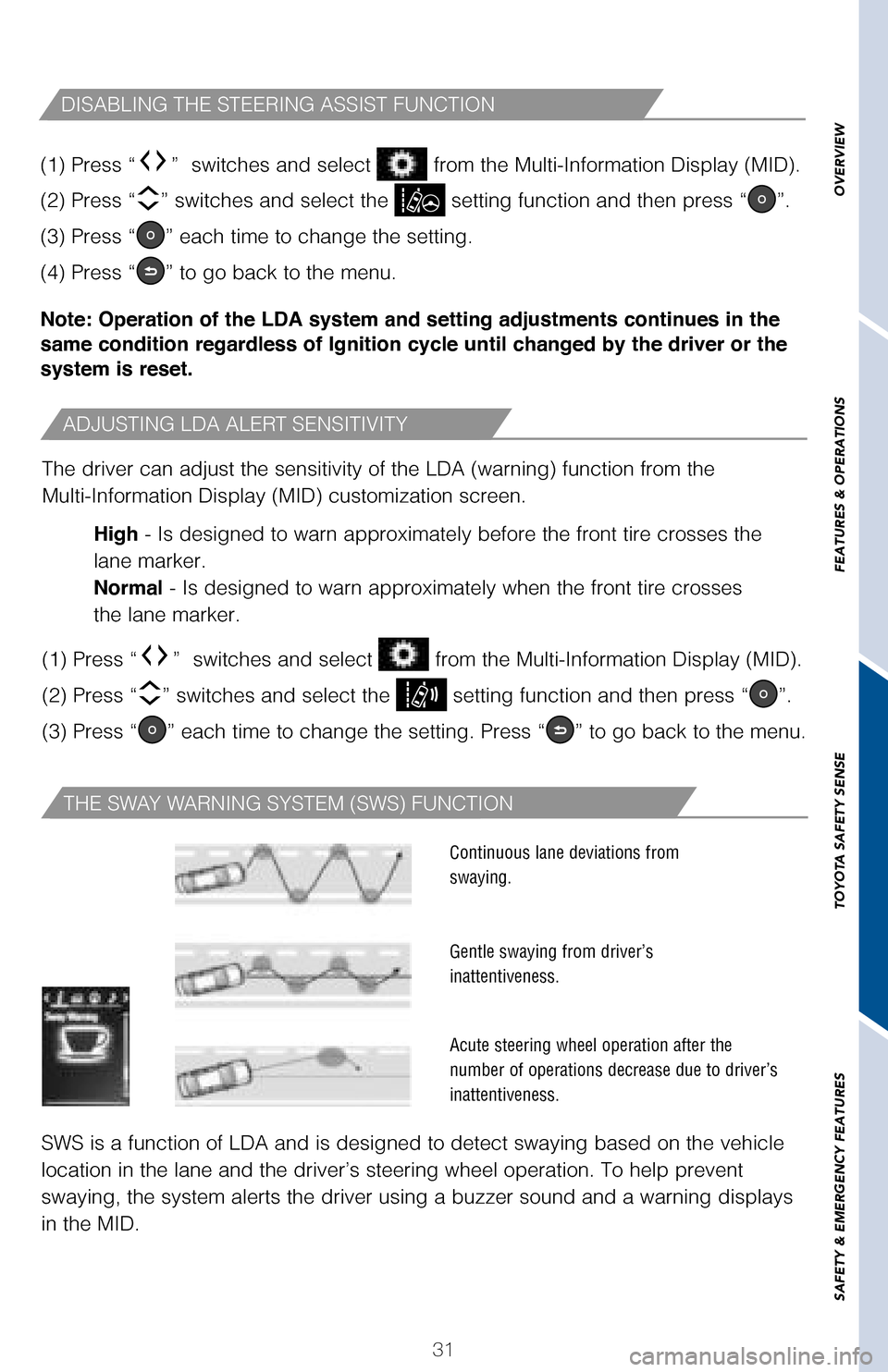 TOYOTA RAV4 2017 XA40 / 4.G Quick Reference Guide 31
OVERVIEW
FEATURES & OPERATIONS
TOYOTA SAFETY SENSE
SAFETY & EMERGENCY FEATURES
(1) Press “” switches and select from the Multi-Information Display (MID).
(2) Press “” switches and selec TOYOTA RAV4 2017 XA40 / 4.G Quick Reference Guide 31
OVERVIEW
FEATURES & OPERATIONS
TOYOTA SAFETY SENSE
SAFETY & EMERGENCY FEATURES
(1) Press “” switches and select from the Multi-Information Display (MID).
(2) Press “” switches and selec