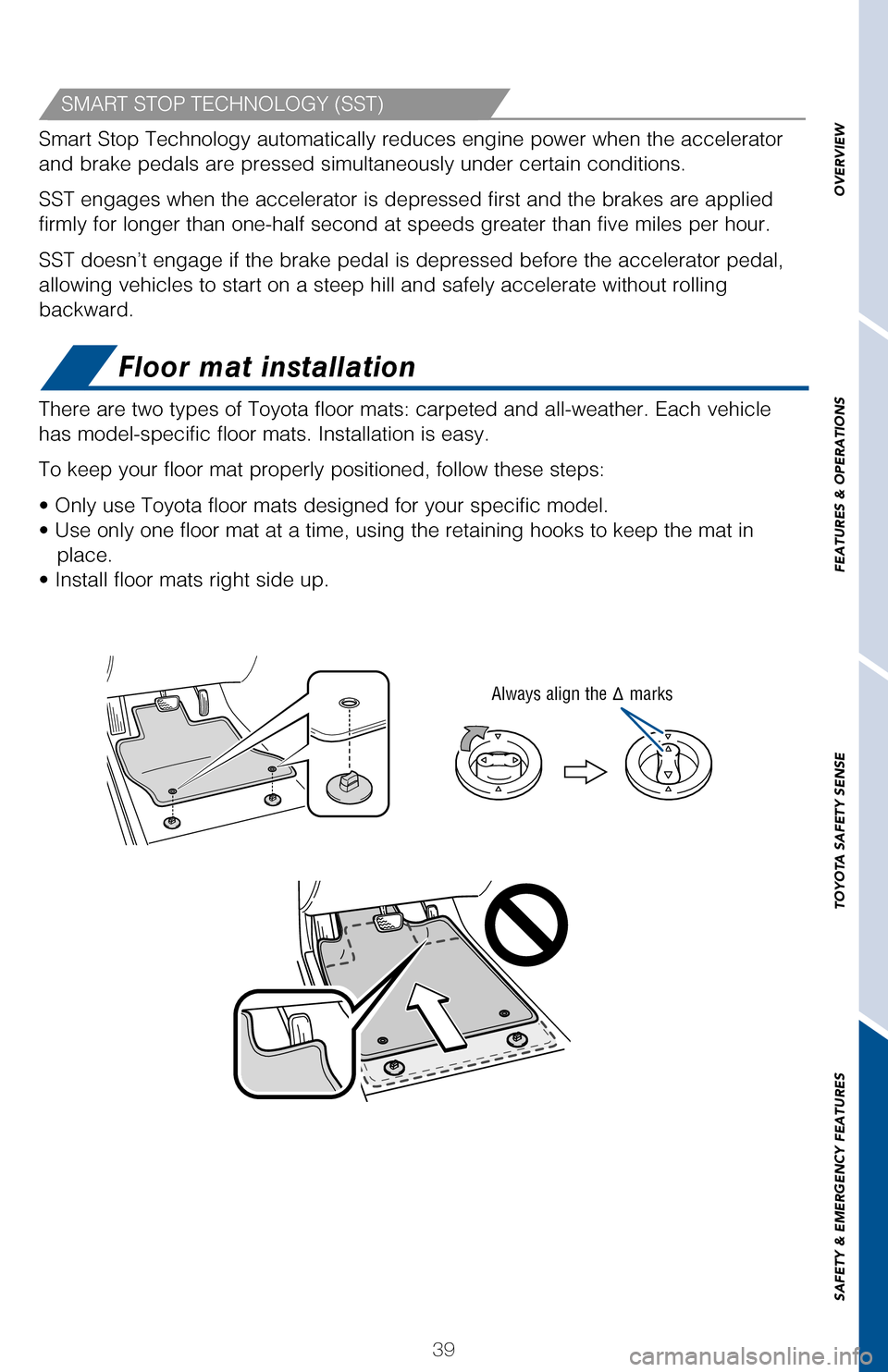 TOYOTA RAV4 2017 XA40 / 4.G Quick Reference Guide 39
OVERVIEW
FEATURES
 & OPERATIONS
TOYOTA
 SAFETY
 SENSE
SAFETY
 & EMERGENCY
 FEATURES
Floor mat installation
SMART STOP TECHNOLOGY (SST)
There are two types of Toyota floor mats: carpeted and all-wea