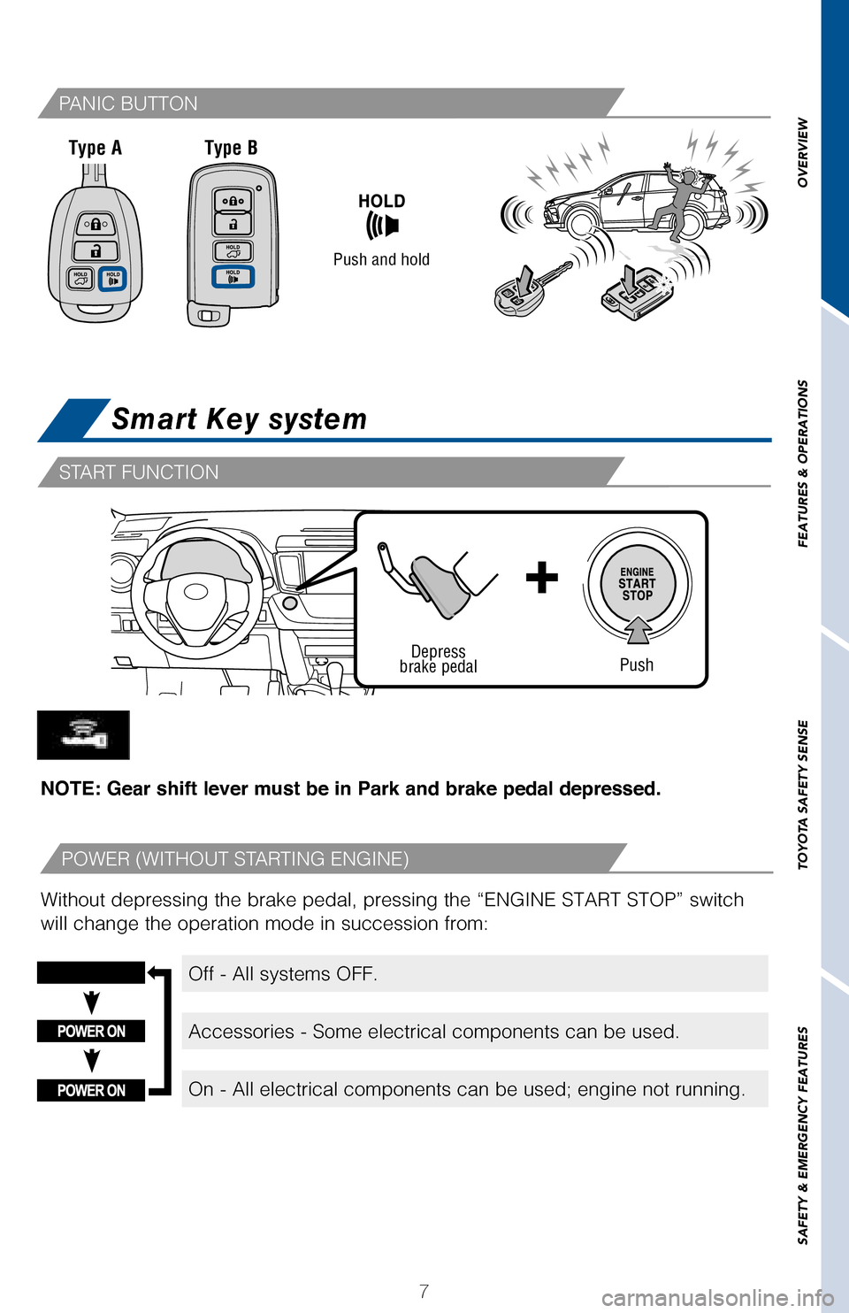 TOYOTA RAV4 2017 XA40 / 4.G Quick Reference Guide 7
OVERVIEW
FEATURES
& OPERATIONS
TOYOTA
SAFETY
SENSE
SAFETY
& EMERGENCY
FEATURES
Smart Key system
Type A
NOTE: Gear shift lever must be in Park and brake pedal depressed.
Without depressing the b TOYOTA RAV4 2017 XA40 / 4.G Quick Reference Guide 7
OVERVIEW
FEATURES
& OPERATIONS
TOYOTA
SAFETY
SENSE
SAFETY
& EMERGENCY
FEATURES
Smart Key system
Type A
NOTE: Gear shift lever must be in Park and brake pedal depressed.
Without depressing the b