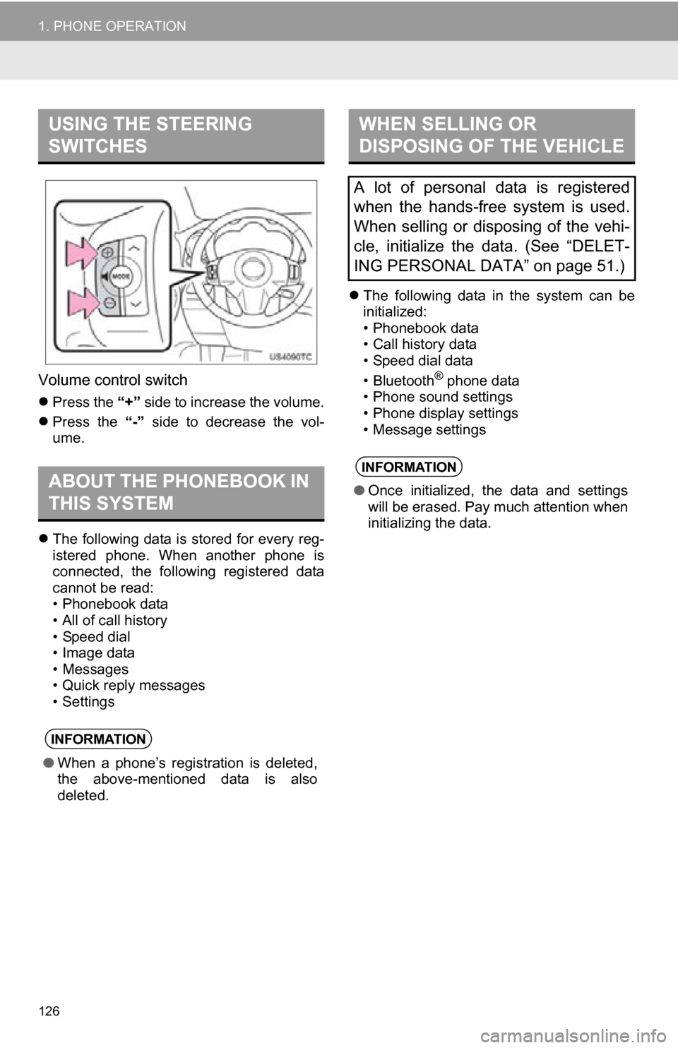TOYOTA RAV4 EV 2012 1.G Navigation Manual 126
1. PHONE OPERATION
Volume control switch
Press the “+” side to increase the volume.
Press the “-” side to decrease the vol-
ume.
The following data is stored for every r TOYOTA RAV4 EV 2012 1.G Navigation Manual 126
1. PHONE OPERATION
Volume control switch
Press the “+” side to increase the volume.
Press the “-” side to decrease the vol-
ume.
The following data is stored for every r