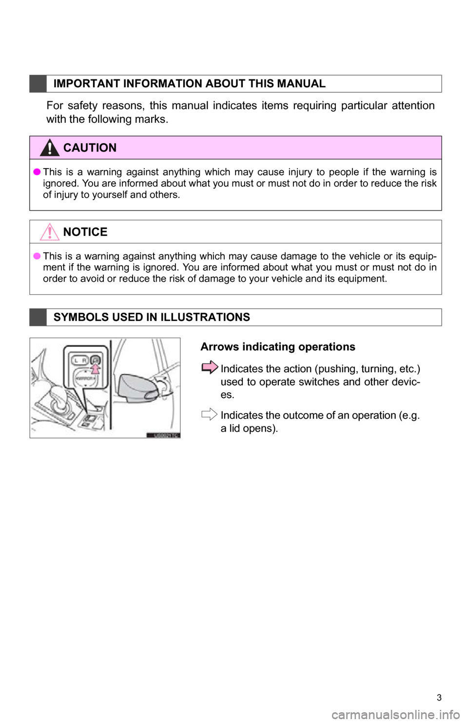 TOYOTA RAV4 EV 2012 1.G Navigation Manual 3
1. BASIC INFORMATION BEFORE OPERATION
For  safety  reasons,  this  manual  indicates  items  requiring  particular  attention
with the following marks.
IMPORTANT INFORMATION ABOUT THIS MANUAL
CAUTIO