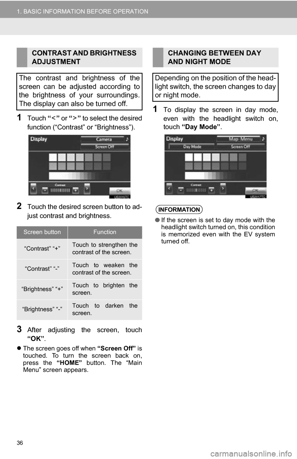 TOYOTA RAV4 EV 2012 1.G Navigation Manual 36
1. BASIC INFORMATION BEFORE OPERATION
1Touch “” or “”  to select the desired
function (“Contrast” or “Brightness”).
2Touch the desired screen button to ad-
just contrast and brightn