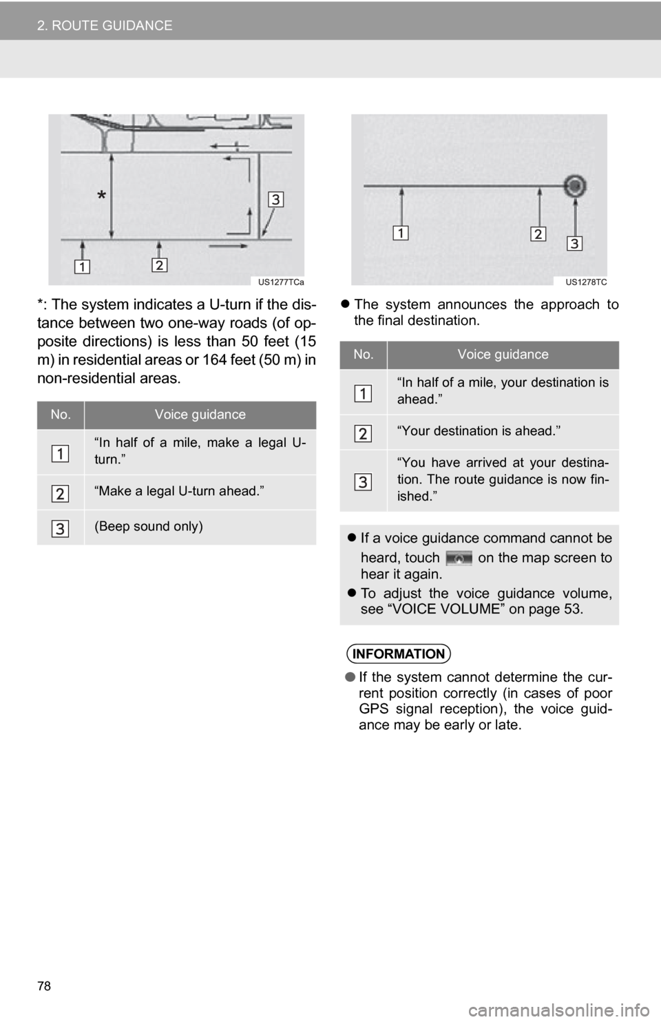 TOYOTA RAV4 EV 2012 1.G Navigation Manual 78
2. ROUTE GUIDANCE
*: The system indicates a U-turn if the dis-
tance between two one-way roads (of op-
posite directions) is less than 50 feet (15
m) in residential areas or 164 feet (50 TOYOTA RAV4 EV 2012 1.G Navigation Manual 78
2. ROUTE GUIDANCE
*: The system indicates a U-turn if the dis-
tance between two one-way roads (of op-
posite directions) is less than 50 feet (15
m) in residential areas or 164 feet (50