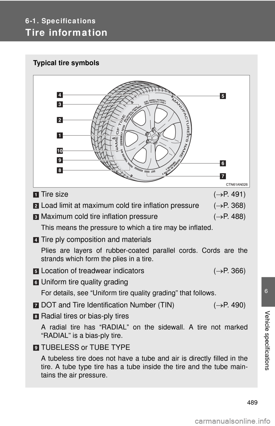 TOYOTA RAV4 EV 2012 1.G Owners Manual 489
6-1. Specifications
6
Vehicle specifications
Tire infor mation
Typical tire symbols
Tire size( P. 491)
Load limit at maximum cold tire inflation pressure  ( P. 368)
Maximum cold tire in flat