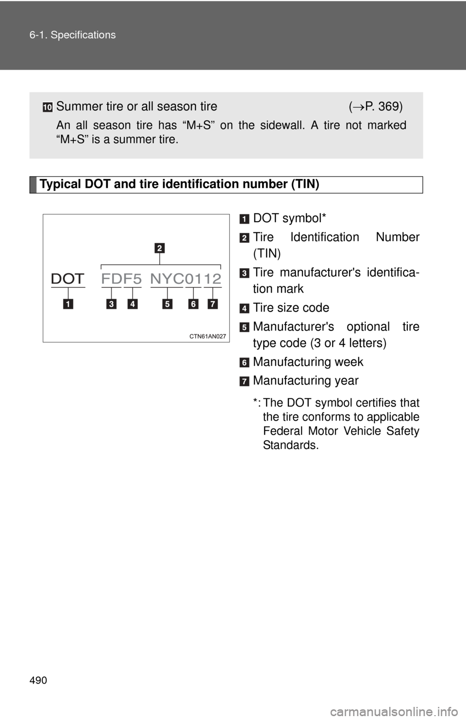 TOYOTA RAV4 EV 2012 1.G Owners Manual 490 6-1. Specifications
Typical DOT and tire identification number (TIN)DOT symbol*
Tire Identification Number
(TIN)
Tire manufacturers identifica-
tion mark
Tire size code
Manufacturers optional ti