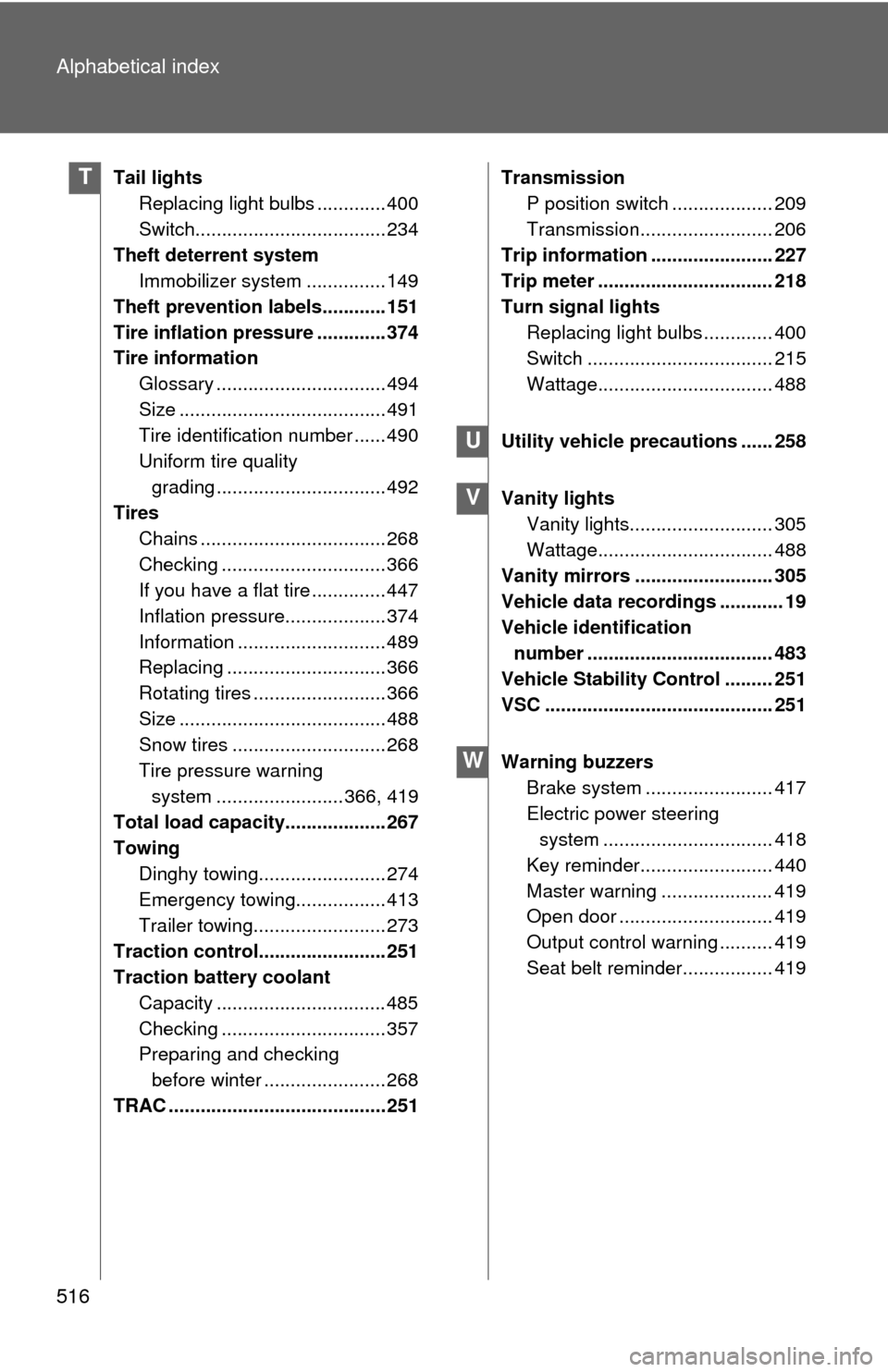 TOYOTA RAV4 EV 2012 1.G Owners Manual 516 Alphabetical index
Tail lightsReplacing light bulbs ............. 400
Switch.................................... 234
Theft deterrent system Immobilizer system ............... 149
Theft prevention 