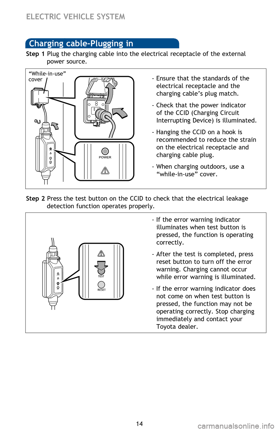 TOYOTA RAV4 EV 2012 1.G Quick Reference Guide 14
ELECTRIC VEHICLE SYSTEM
Charging cable-Plugging in
Step 1 Plug the charging cable into the electrical receptacle of the external power source.
- Ensure that the standards of the electrical receptac TOYOTA RAV4 EV 2012 1.G Quick Reference Guide 14
ELECTRIC VEHICLE SYSTEM
Charging cable-Plugging in
Step 1 Plug the charging cable into the electrical receptacle of the external power source.
- Ensure that the standards of the electrical receptac