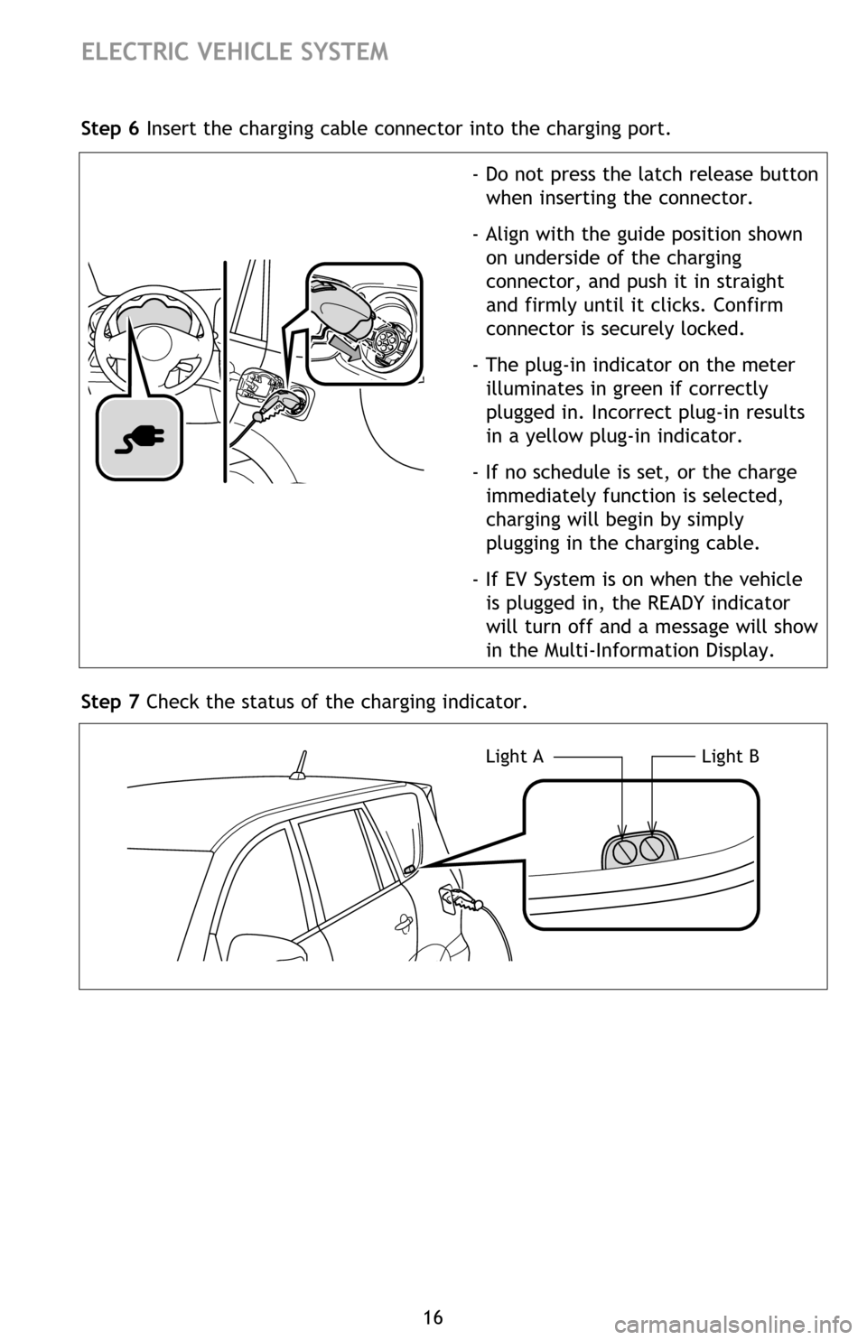 TOYOTA RAV4 EV 2012 1.G Quick Reference Guide 16
ELECTRIC VEHICLE SYSTEM
Step 6 Insert the charging cable connector into the charging port.
- Do not press the latch release button when inserting the connector.
- Align with the guide position show TOYOTA RAV4 EV 2012 1.G Quick Reference Guide 16
ELECTRIC VEHICLE SYSTEM
Step 6 Insert the charging cable connector into the charging port.
- Do not press the latch release button when inserting the connector.
- Align with the guide position show