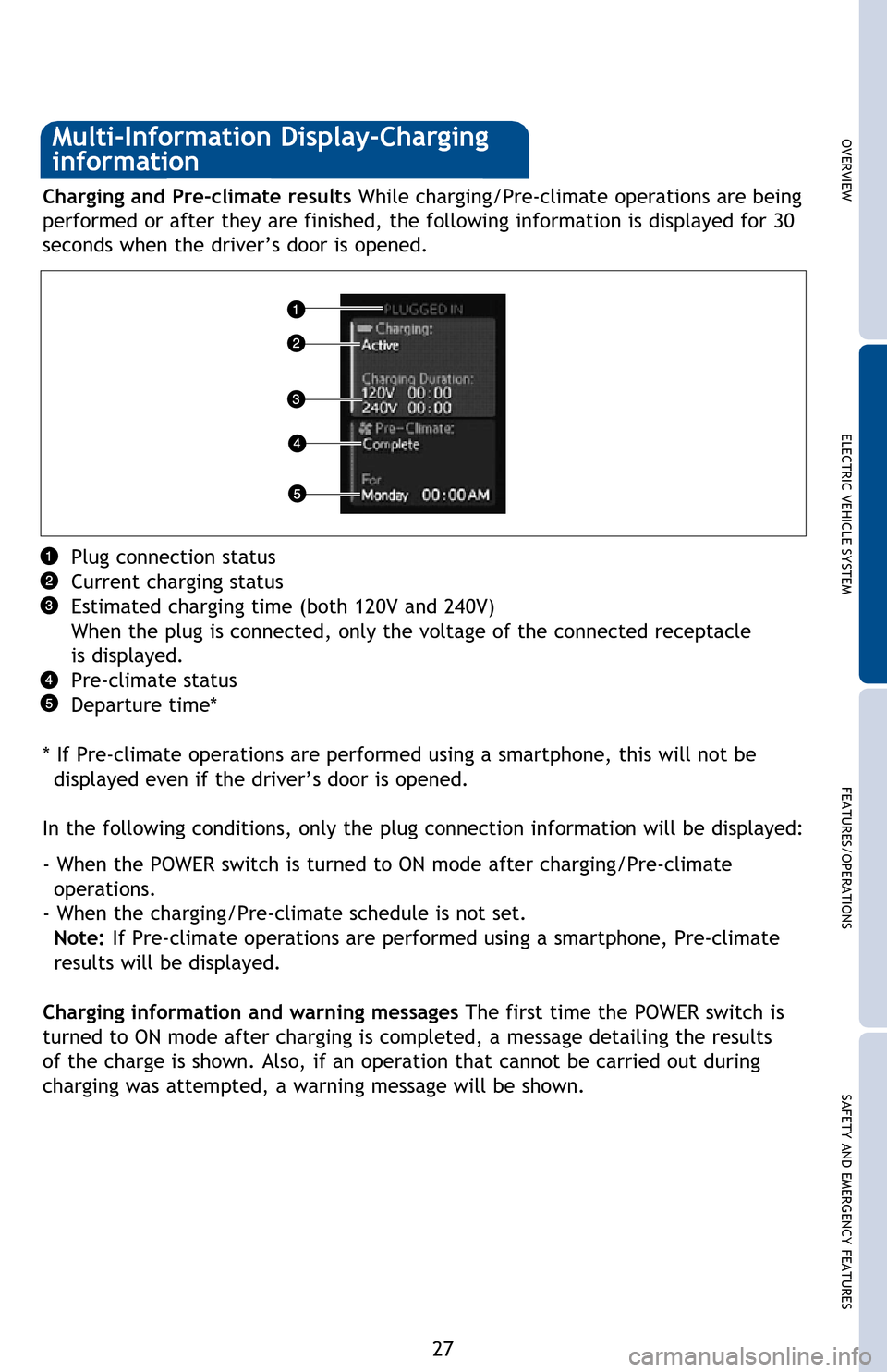 TOYOTA RAV4 EV 2012 1.G Quick Reference Guide OVERVIEWELECTRIC VEHICLE SYSTEM FEATURES/OPERATIONS
SAFETY AND EMERGENCY FEATURES
27
Charging and Pre-climate results While charging/Pre-climate operations are being 
performed or after they are finis