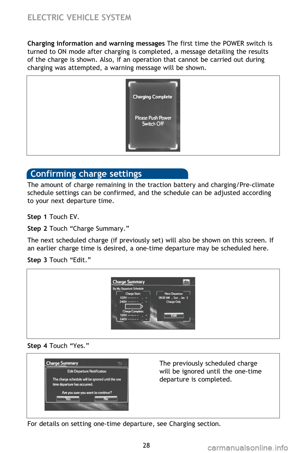 TOYOTA RAV4 EV 2012 1.G Quick Reference Guide 28
ELECTRIC VEHICLE SYSTEM
Confirming charge settings
The amount of charge remaining in the traction battery and charging/Pre-climate 
schedule settings can be confirmed, and the schedule can be adjus