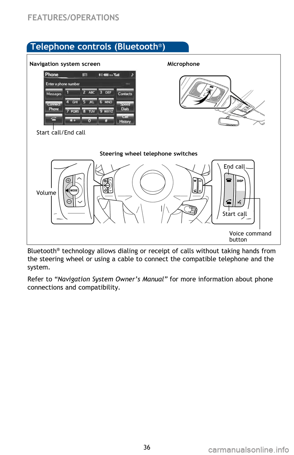 TOYOTA RAV4 EV 2012 1.G Quick Reference Guide 36
Bluetooth® technology allows dialing or receipt of calls without taking hands from 
the steering wheel or using a cable to connect the compatible telephone and the 
system. 
Refer to “Navigation