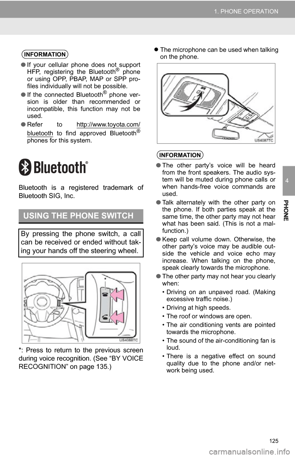 TOYOTA RAV4 EV 2013 1.G Navigation Manual 125
1. PHONE OPERATION
4
PHONE
Bluetooth is a registered trademark of
Bluetooth SIG, Inc.
*: Press to return to the previous screen
during voice recognition. (See “BY VOICE
RECOGNITION” on page 13 TOYOTA RAV4 EV 2013 1.G Navigation Manual 125
1. PHONE OPERATION
4
PHONE
Bluetooth is a registered trademark of
Bluetooth SIG, Inc.
*: Press to return to the previous screen
during voice recognition. (See “BY VOICE
RECOGNITION” on page 13