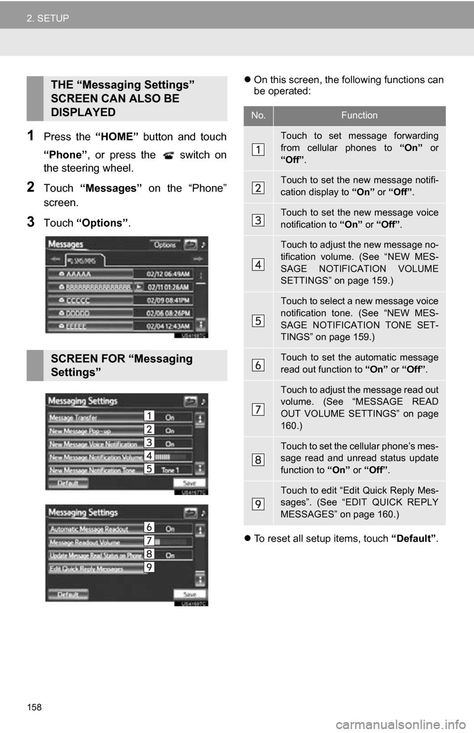 TOYOTA RAV4 EV 2013 1.G Navigation Manual 158
2. SETUP
1Press the “HOME” button and touch
“Phone” , or press the switch on
the steering wheel.
2Touch “Messages” on the “Phone”
screen.
3Touch “Options”.
TOYOTA RAV4 EV 2013 1.G Navigation Manual 158
2. SETUP
1Press the “HOME” button and touch
“Phone” , or press the switch on
the steering wheel.
2Touch “Messages” on the “Phone”
screen.
3Touch “Options”.
