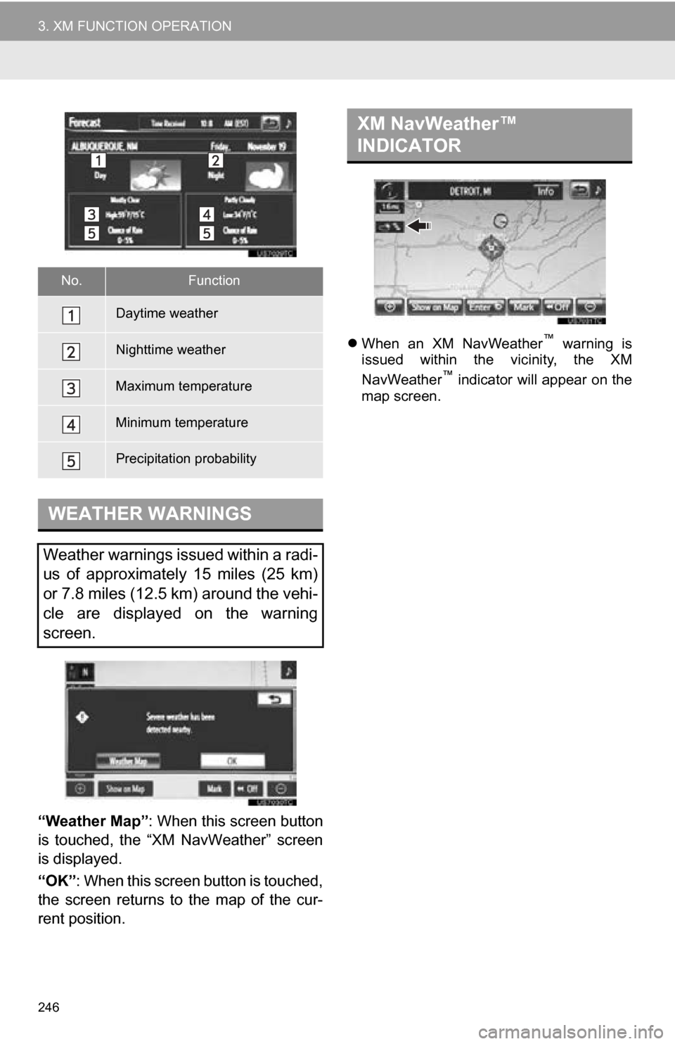 TOYOTA RAV4 EV 2013 1.G Navigation Manual 246
3. XM FUNCTION OPERATION
“Weather Map”: When this screen button
is touched, the “XM NavWeather” screen
is displayed.
“OK” : When this screen button is touched,
the screen return TOYOTA RAV4 EV 2013 1.G Navigation Manual 246
3. XM FUNCTION OPERATION
“Weather Map”: When this screen button
is touched, the “XM NavWeather” screen
is displayed.
“OK” : When this screen button is touched,
the screen return