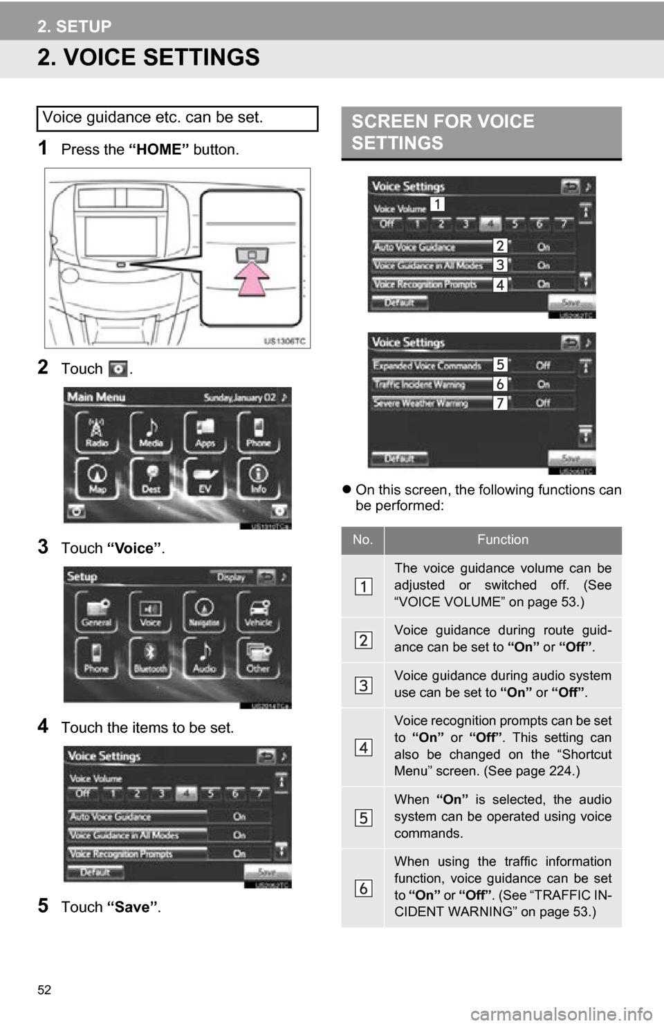 TOYOTA RAV4 EV 2013 1.G Navigation Manual 52
2. SETUP
2. VOICE SETTINGS
1Press the “HOME” button.
2Touch  .
3Touch “Voice” .
4Touch the items to be set.
5Touch “Save” .
On this screen, the following functions can
be performed:

